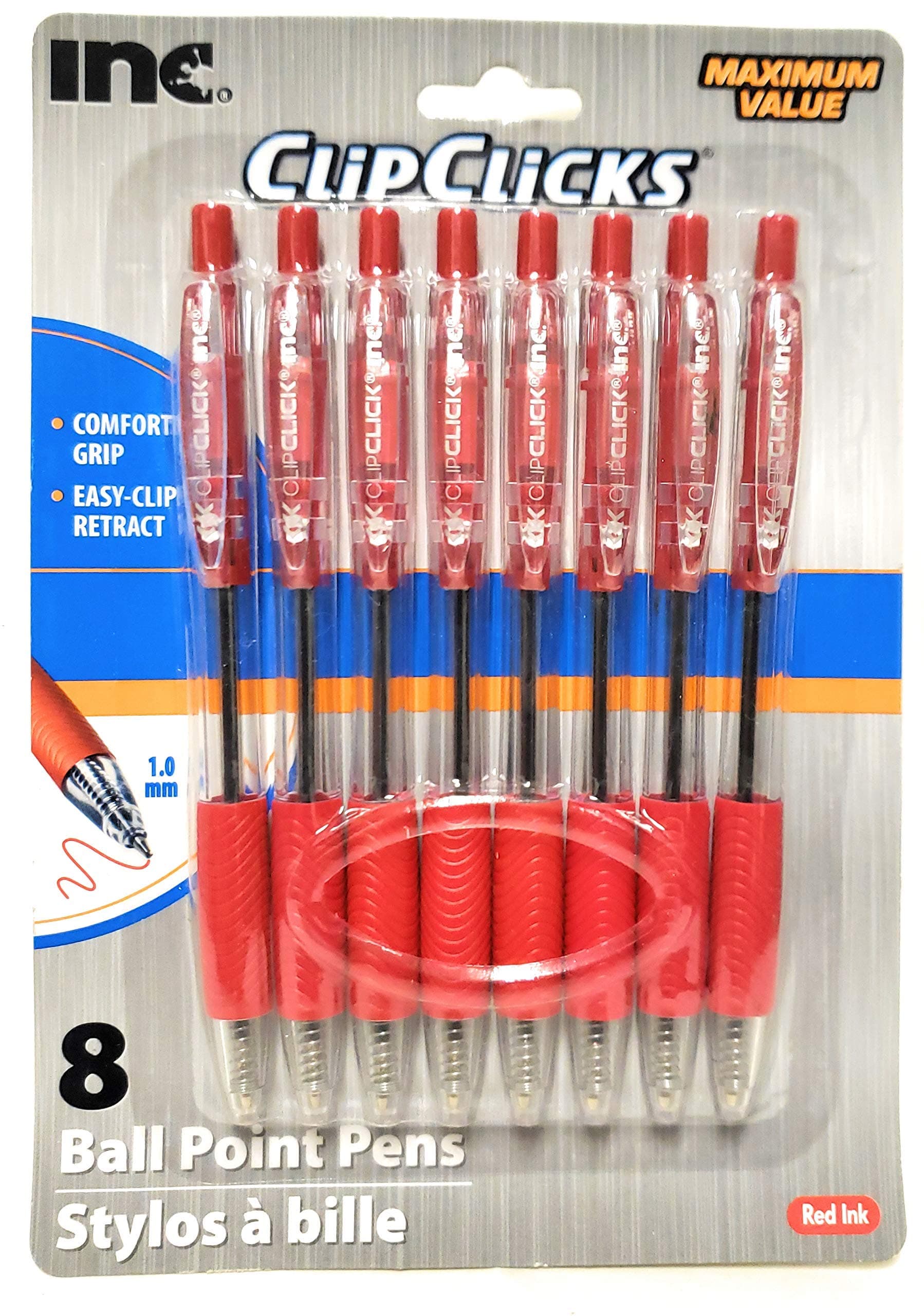 INC Retractable Ball Point Pens, 1.0 mm, Red Ink, 8-pack
