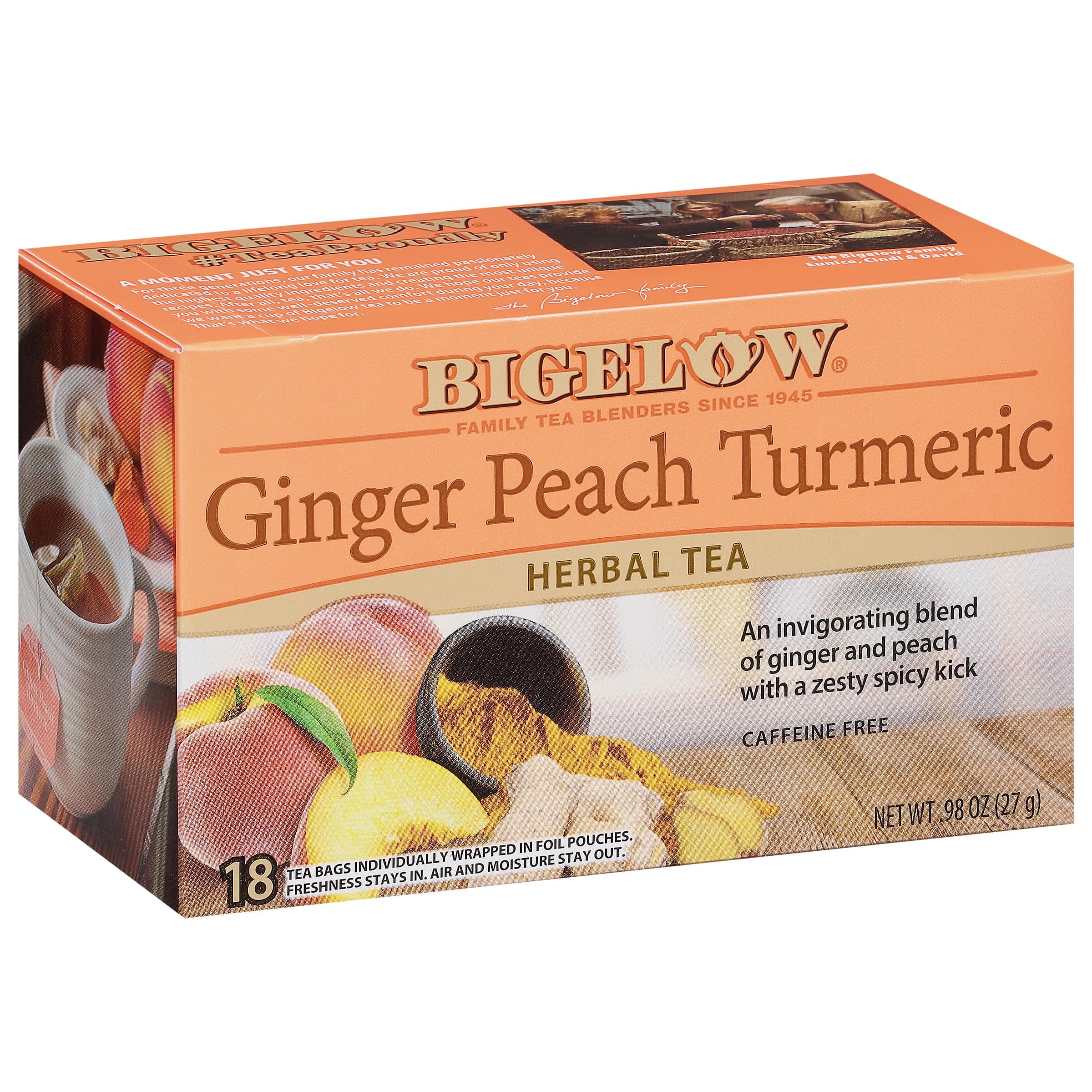 Bigelow Tea Ginger Peach Turmeric Herbal Tea, Caffeine Free Tea with Ginger and Peach, 18 Count Box (Pack of 6), 108 Total Tea Bags