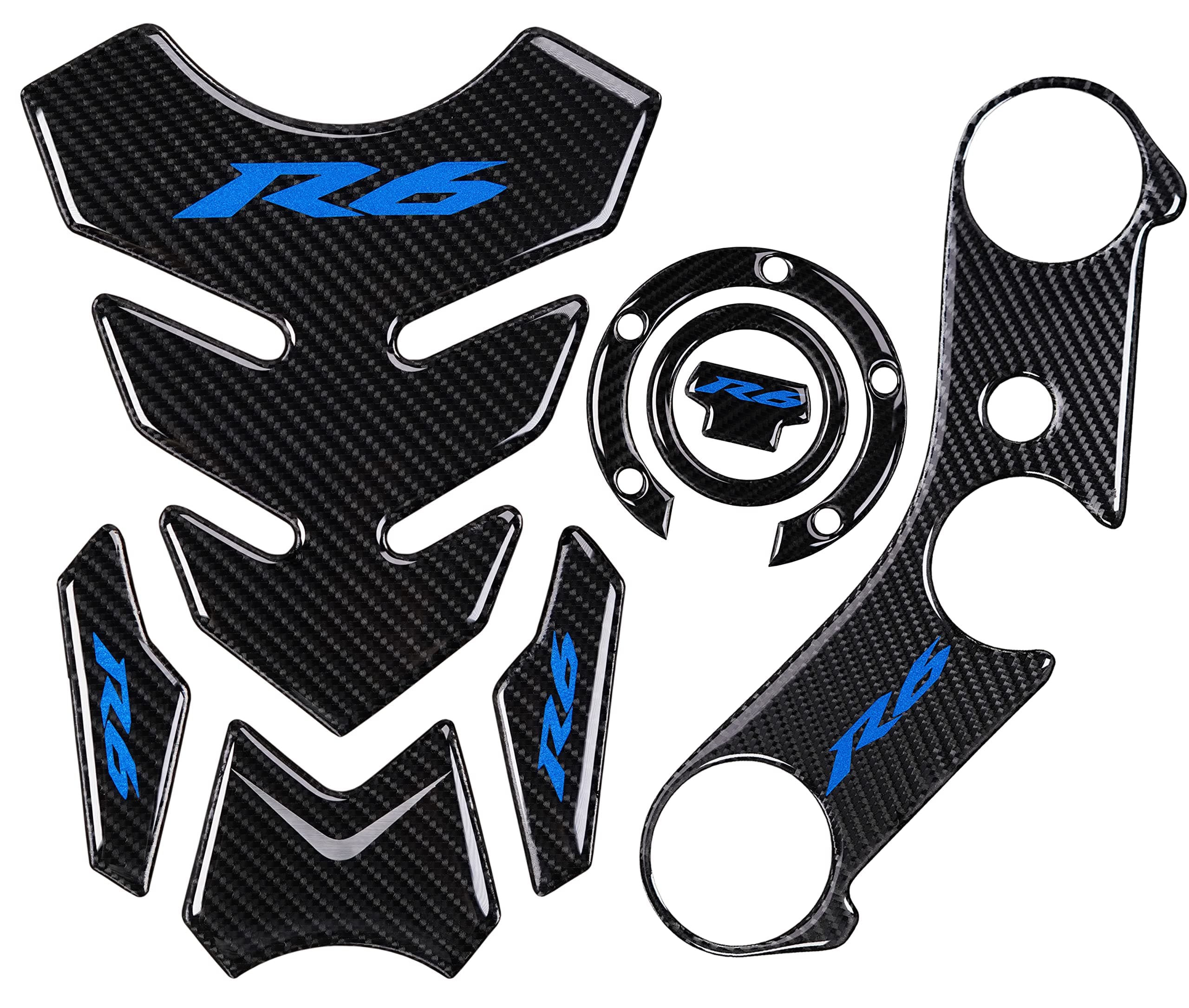 Real Carbon Fibre Gas Cap, Triple Tree Front End Upper, Top Clamp Decal Stickers, Tank Pad, Tank Protector for R6 600 2006-2016, 3 Pcs Per Set (Blue)