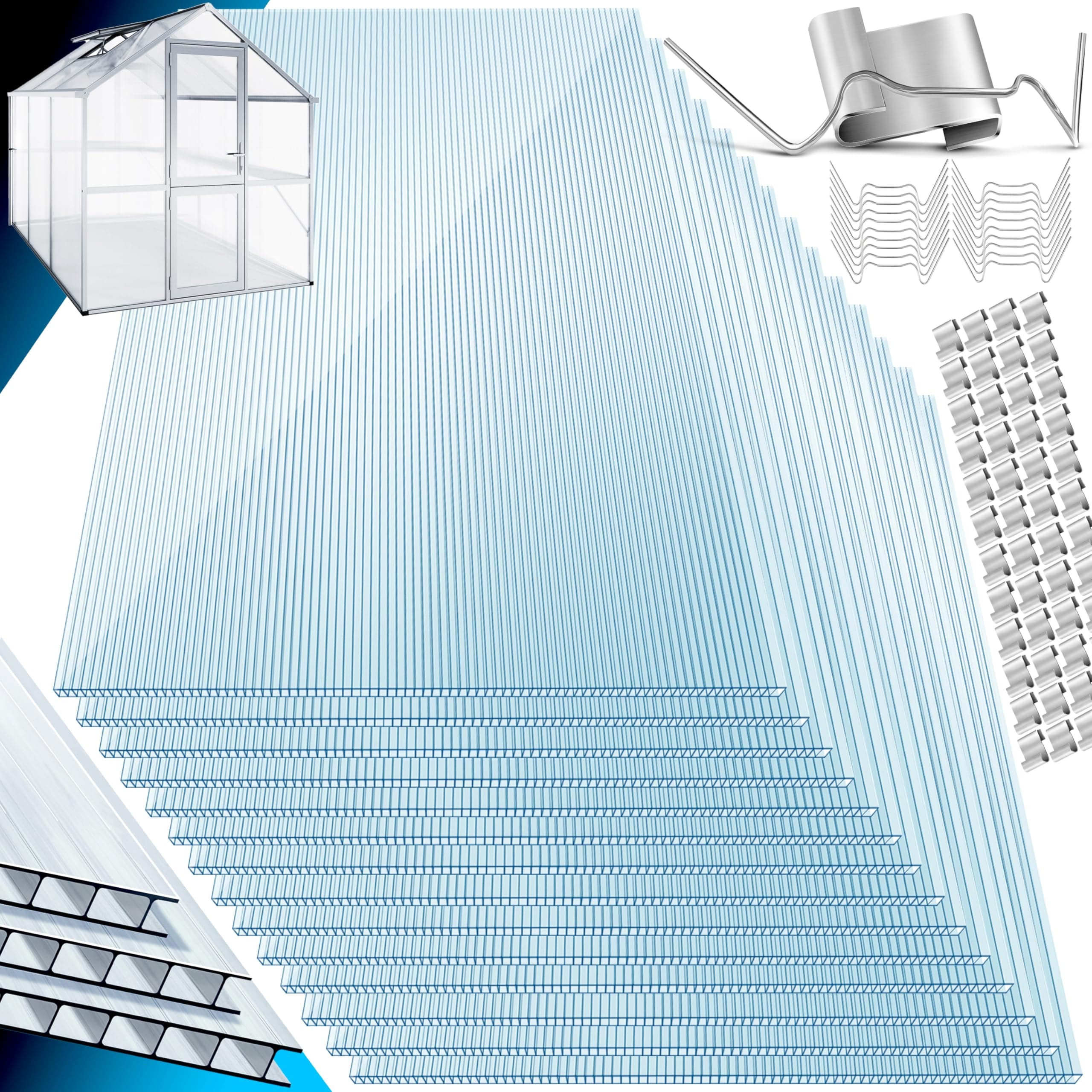 KESSER® 14 x polycarbonate hollow wall sheets 4 mm x 10.25 m2 double sheet, 1210 x 605, bridge plate, greenhouse plate, shockproof and UV-resistant, for greenhouses, horticultural carports, etc.