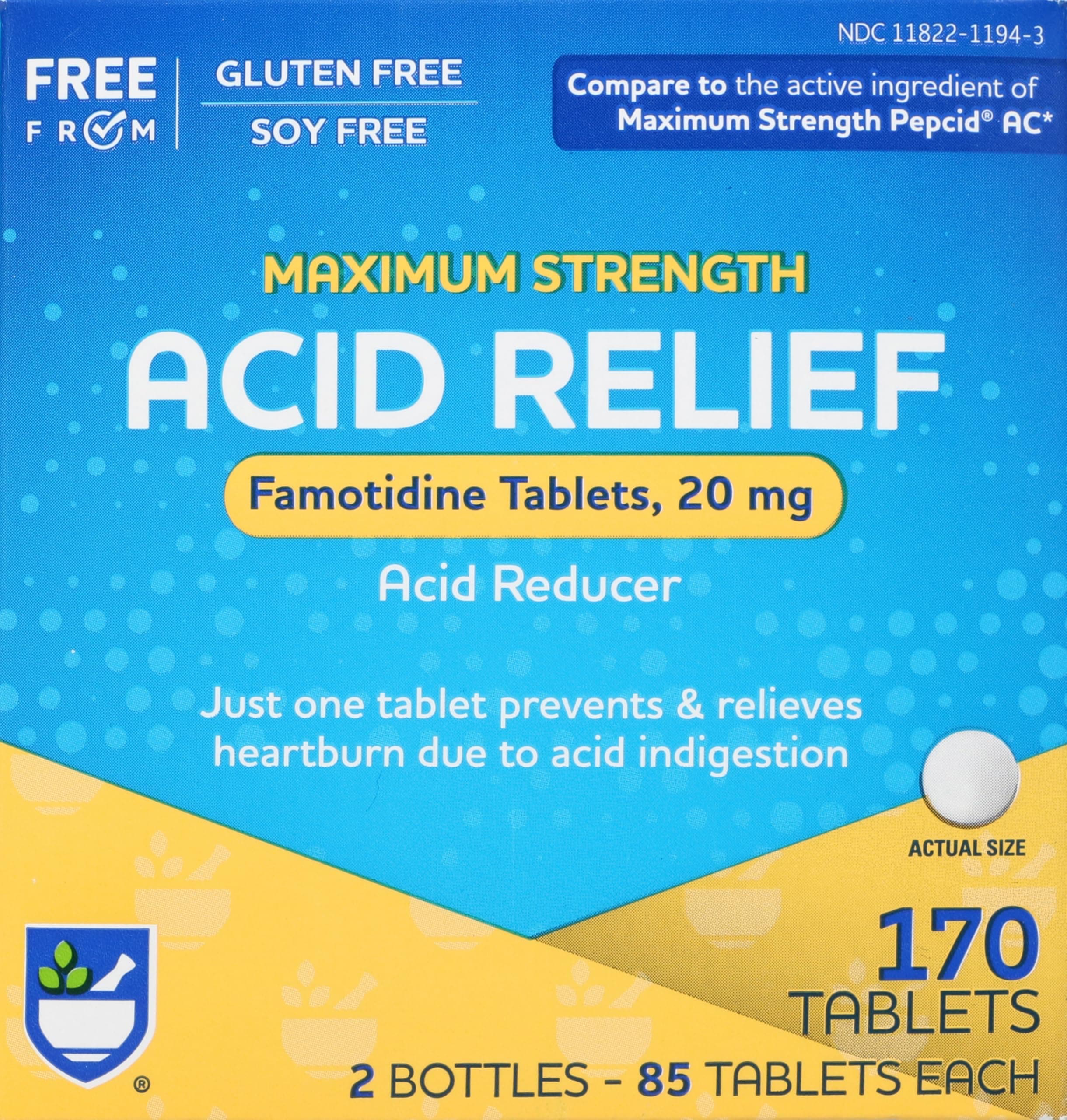 Rite Aid Acid Reducer, Maximum Strength Famotidine Tablets, 20 mg - 2 Bottles, 85 Count Each (170 Count Total) | Heartburn Relief | Acid Reflux | Antacid Chews & Tablets, Heartburn Chews & Tablets