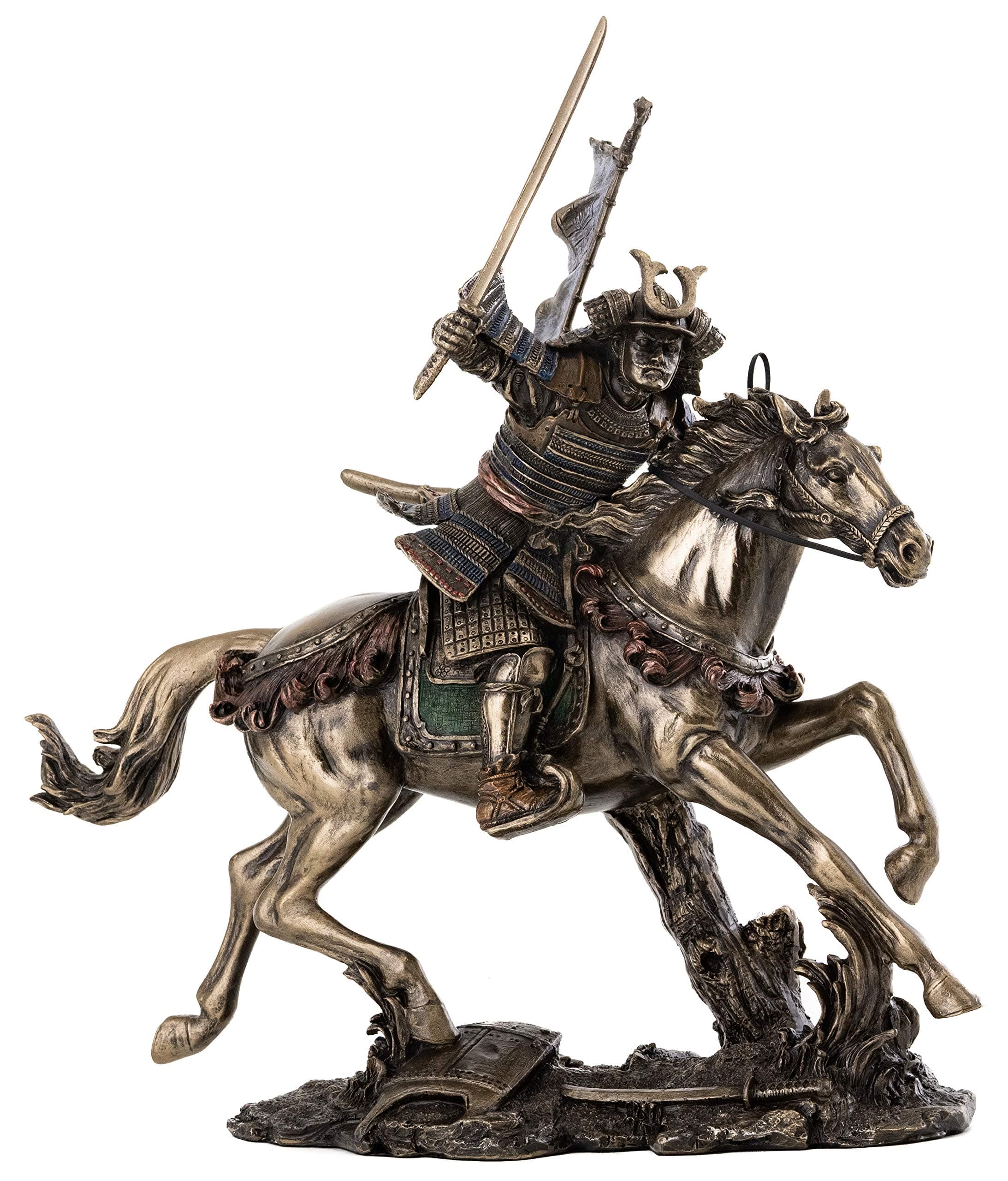 T-Trove Cold Cast Bronze Samurai Riding Horse with Hand Holding Knife Statue Figurine
