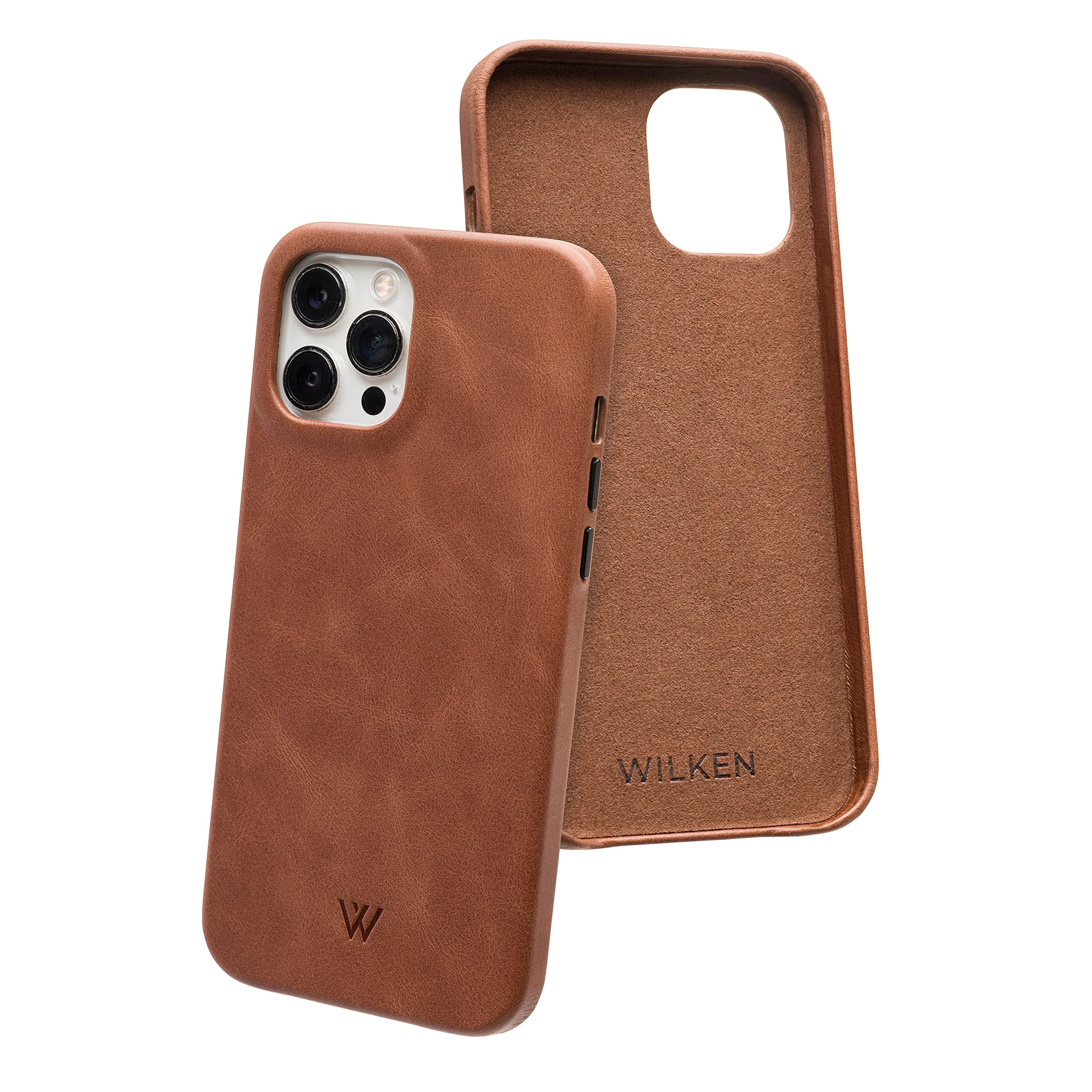Wilken iPhone Leather Wrapped Case | Compatible with MagSafe and Wireless Charging | Top Grain Leather | Lip Screen Protection | Custom Metal Button Controls (12/12 Pro, Brown)