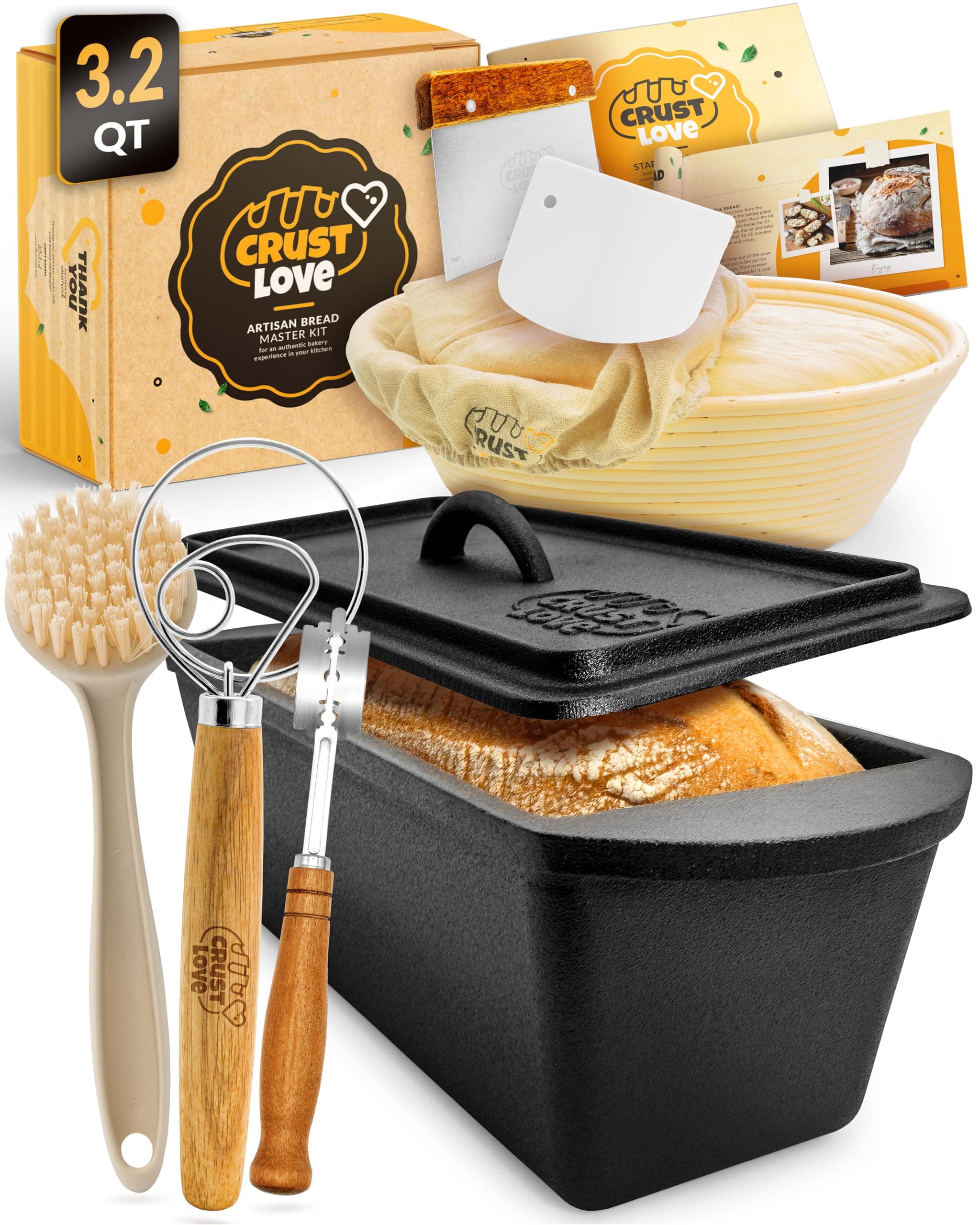 CRUSTLOVE Rectangular Cast Iron Dutch Oven for Bread Baking - incl. Sourdough Bread-Baking Supplies - 3.2QT Bread-Pan for Homemade-Bread, Sour dough Bread-Pans with Lid, Bread-Oven, Bread-Baking-Pan