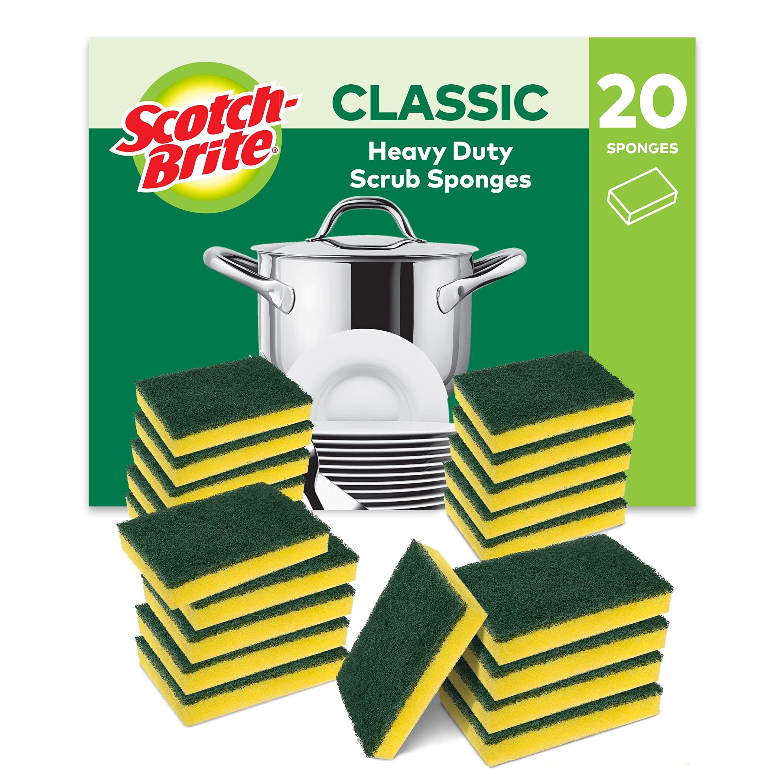 Classic Heavy Duty Scrub Sponge, 20 Pieces - Durable Scourer that Easily Removes Grease & Burnt-on Food