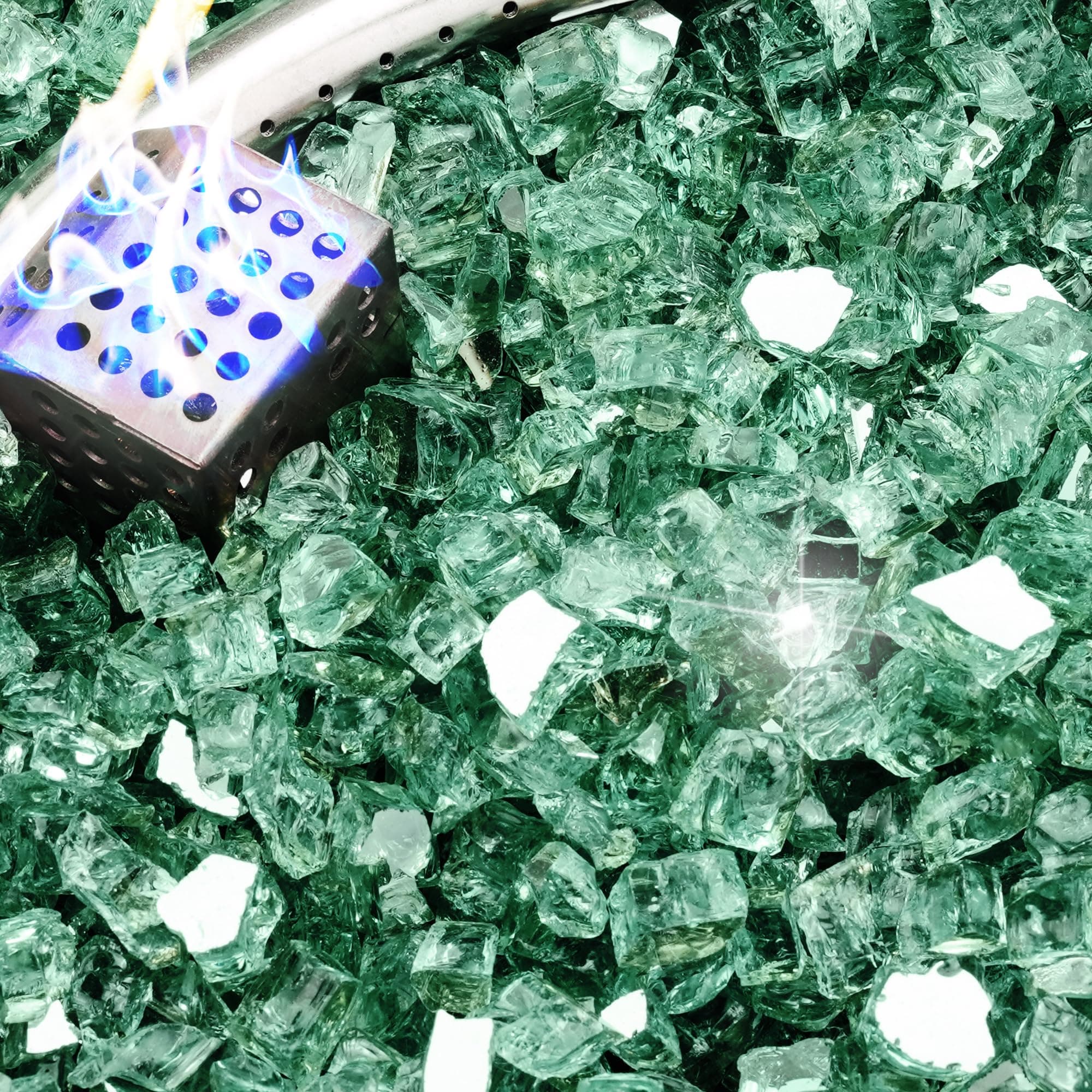 NUPICK 20 Pound Fire Glass, 1/2 Inch Reflective Fire Glass, Fit with Fire Pit Glass and Fireplace Glass, Green