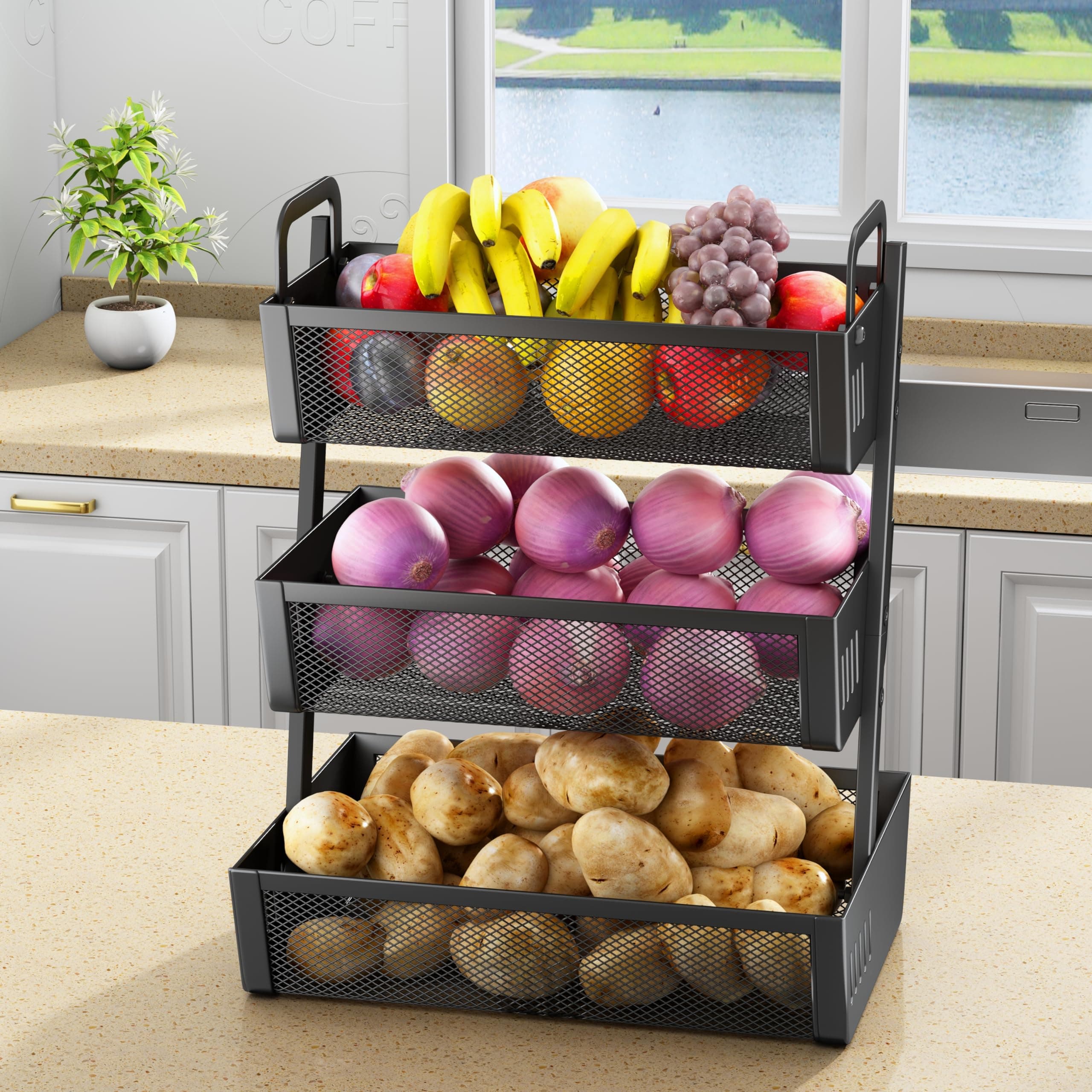 Fruit Basket Bowls For Kitchen Counter - Metal Fruit Stand with Handle - Kitchen Vegetables Bread Snacks Storage Organization, 3 Tier Black