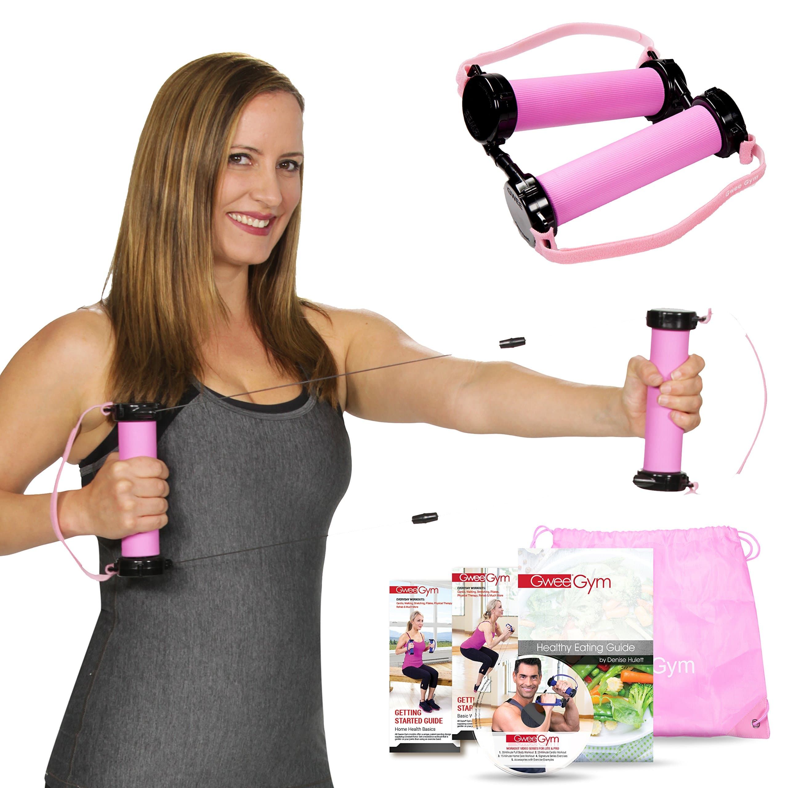 Gwee Gym - Resistance Bands Exercise Kit, LITE, Pink Exercise Bands, Build Lean Muscle with Workout Bands, Easily Portable or used at Home, Includes a DVD, Travel Bag & Healthy Eating e-Book