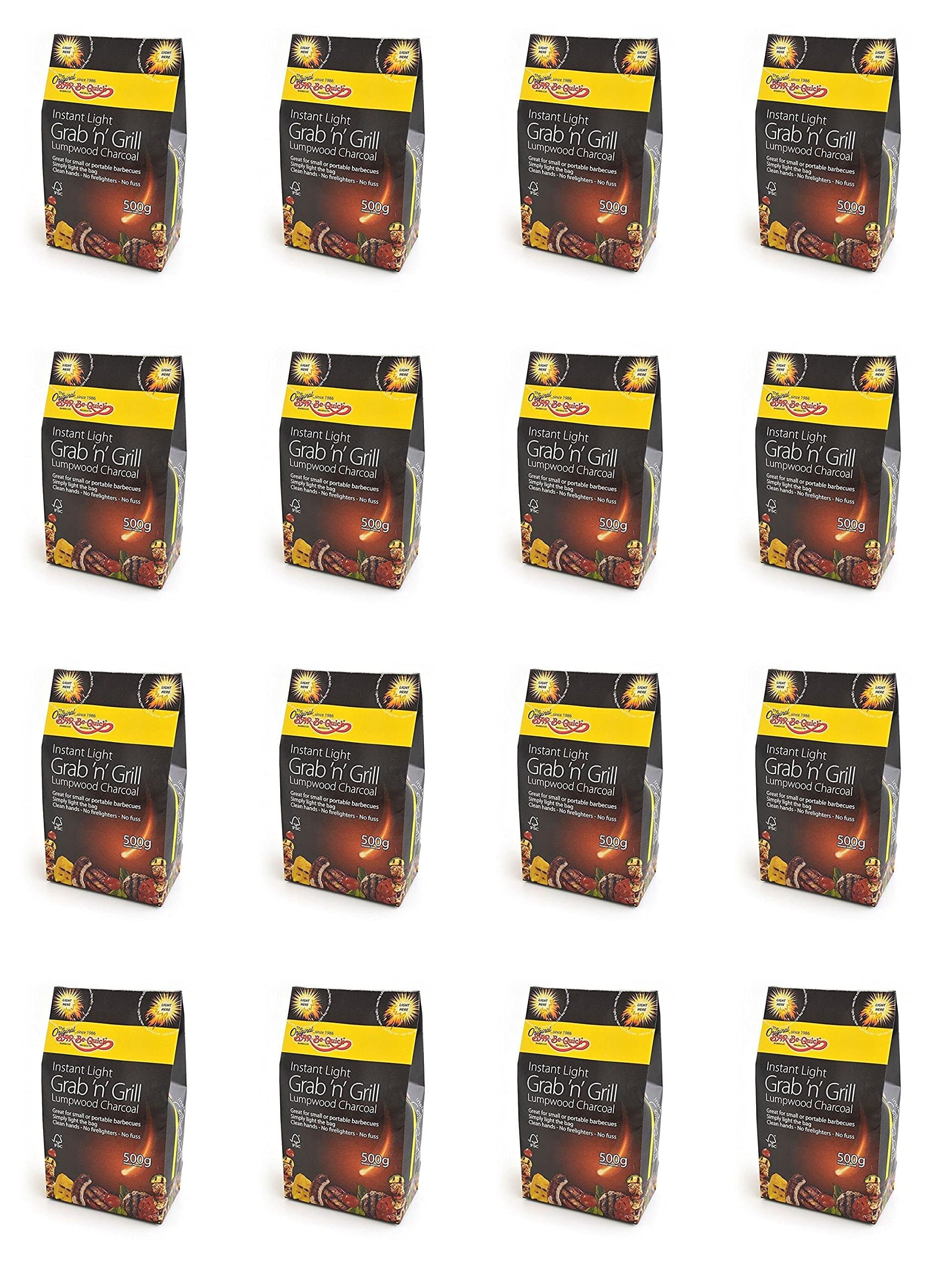 16 x Bar-Be-Quick Instant Light Grab & Grill Bag. Lumpwood Charcoal 500g Ideal for Picnic Barbecues, Kettle Grills, Fire Pits and Much More! Simply Light and Cook!