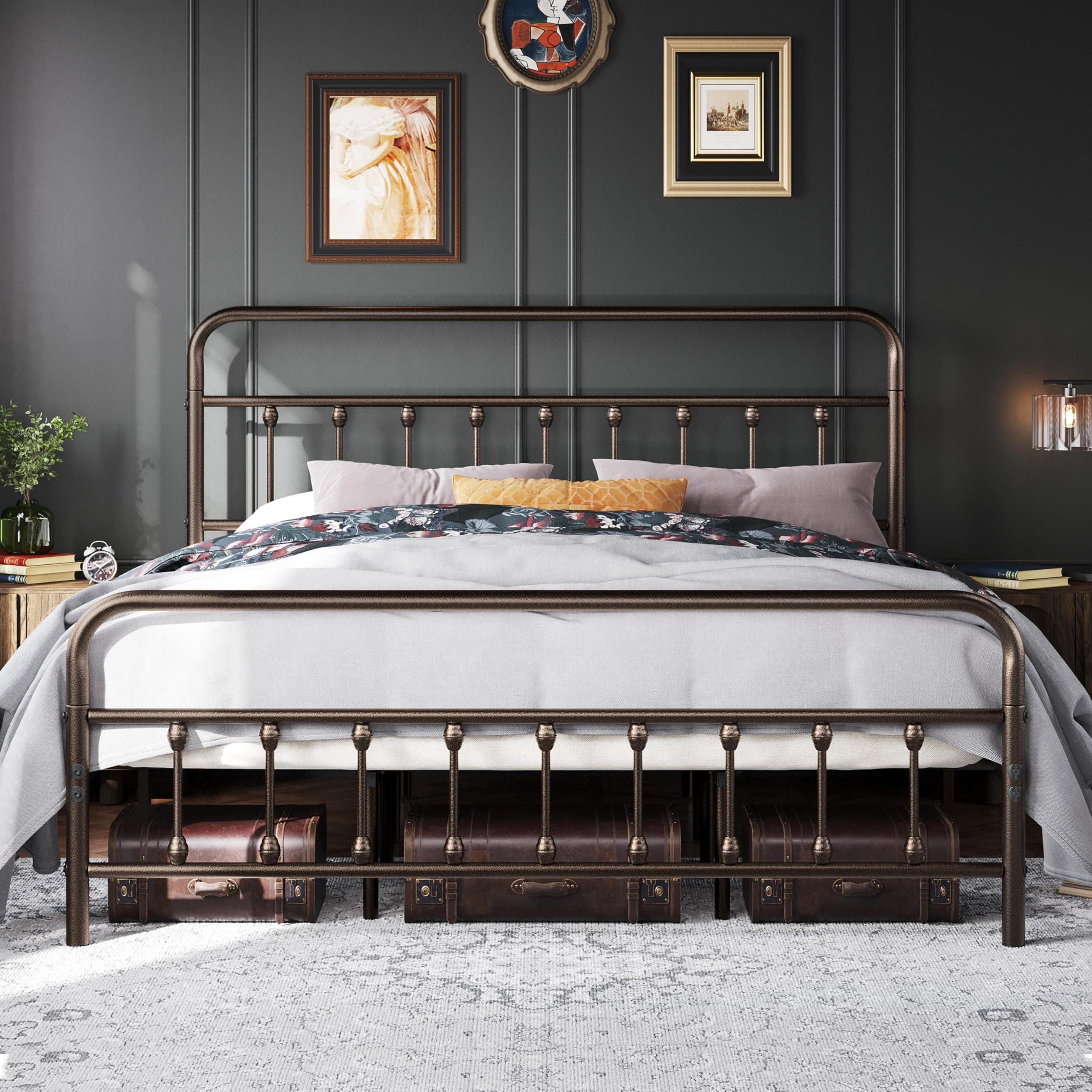 Topeakmart King Size Victorian Style Metal Bed Frame with Headboard/Mattress Foundation/No Box Spring Needed/Under Bed Storage/Strong Slat Support Bronze