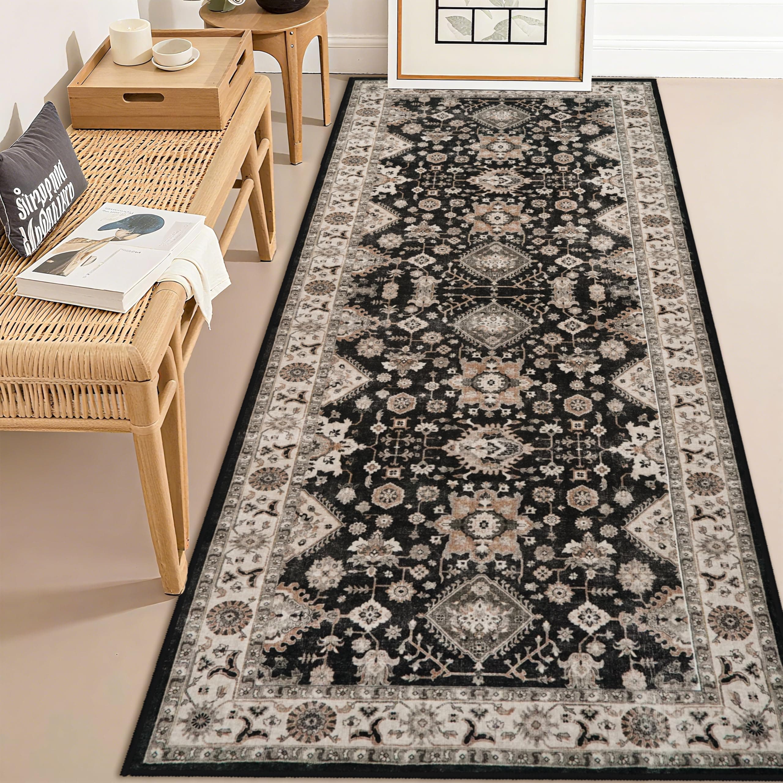 Washable Hallway Runner Rug 3x6: Non Slip Runner Rugs with Rubber Backing Soft Kitchen Rug Farmhouse Distressed Carpet Runner for Living Room Bedroom Bathroom (Black, 3X6)