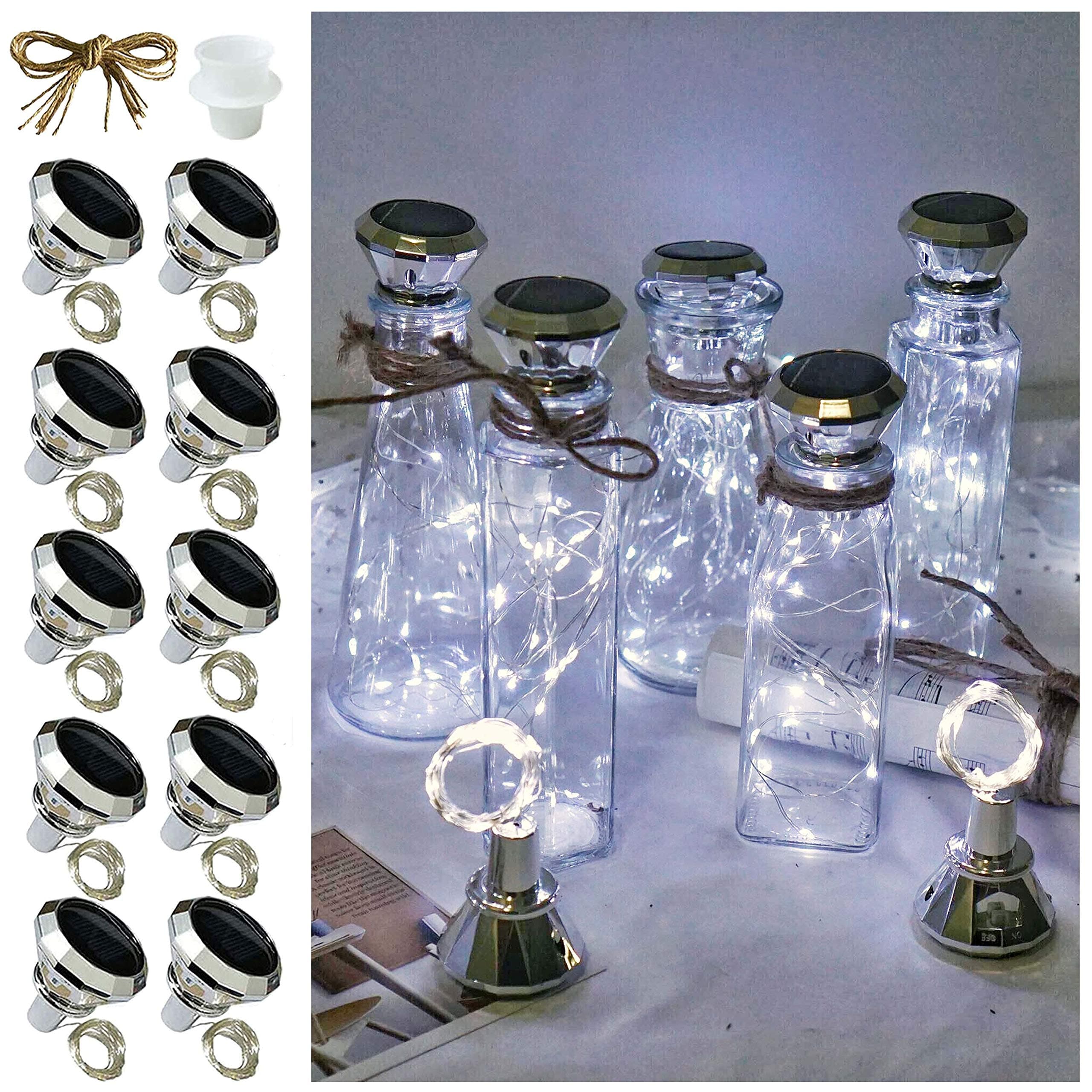 Solar Wine Bottle Lights, 10 Pack Diamond Cork Lights, 20 LED Outdoor Waterproof Fairy String Lights for Garden Wedding Patio(Cool White)