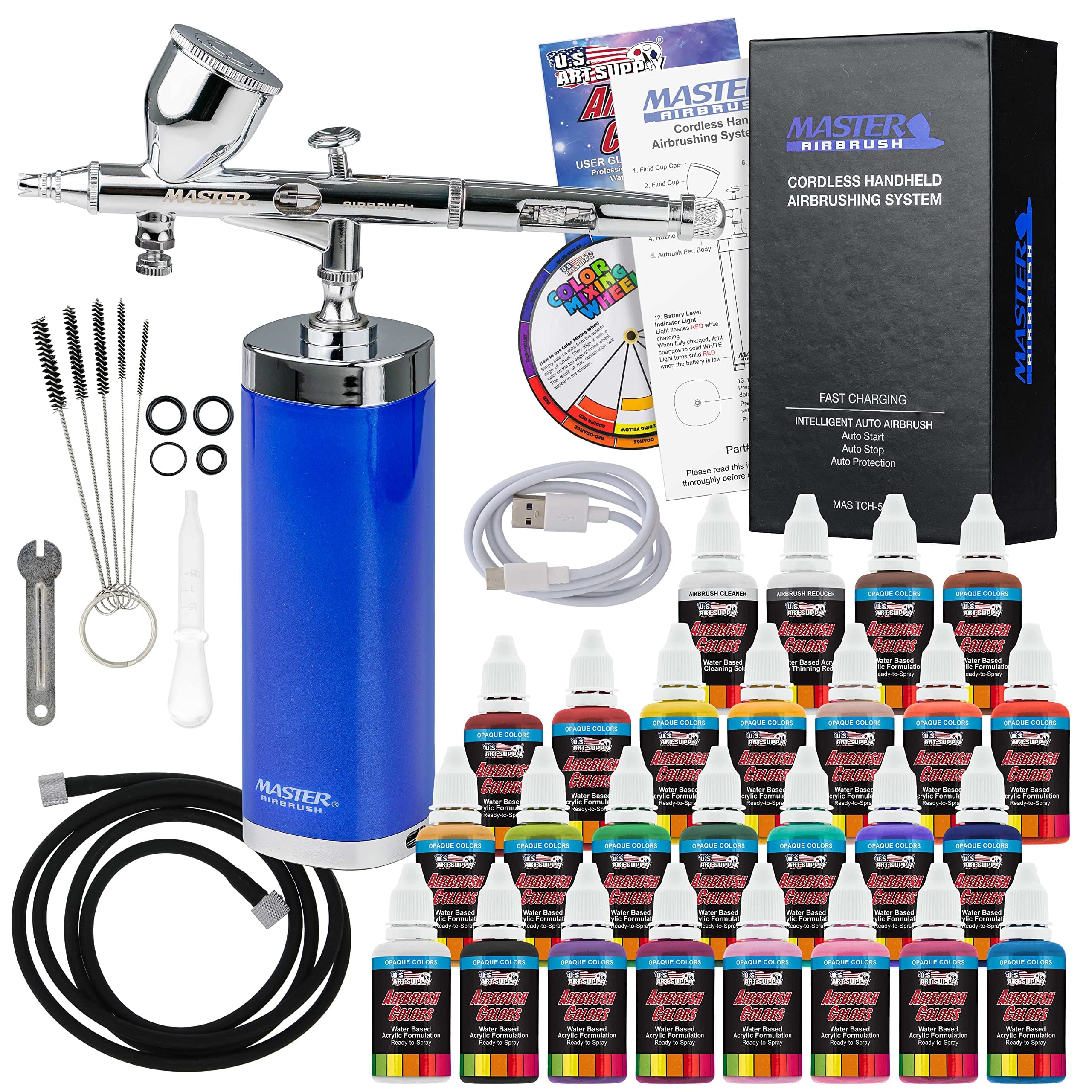 Master AirbrushPowerful Cordless Handheld Acrylic Paint Airbrushing System with 24 Opaque Paint Colors, Reducer & Cleaner Kit - 20 to 36 PSI, Rechargeable Professional Artist Set, Art How to Guide