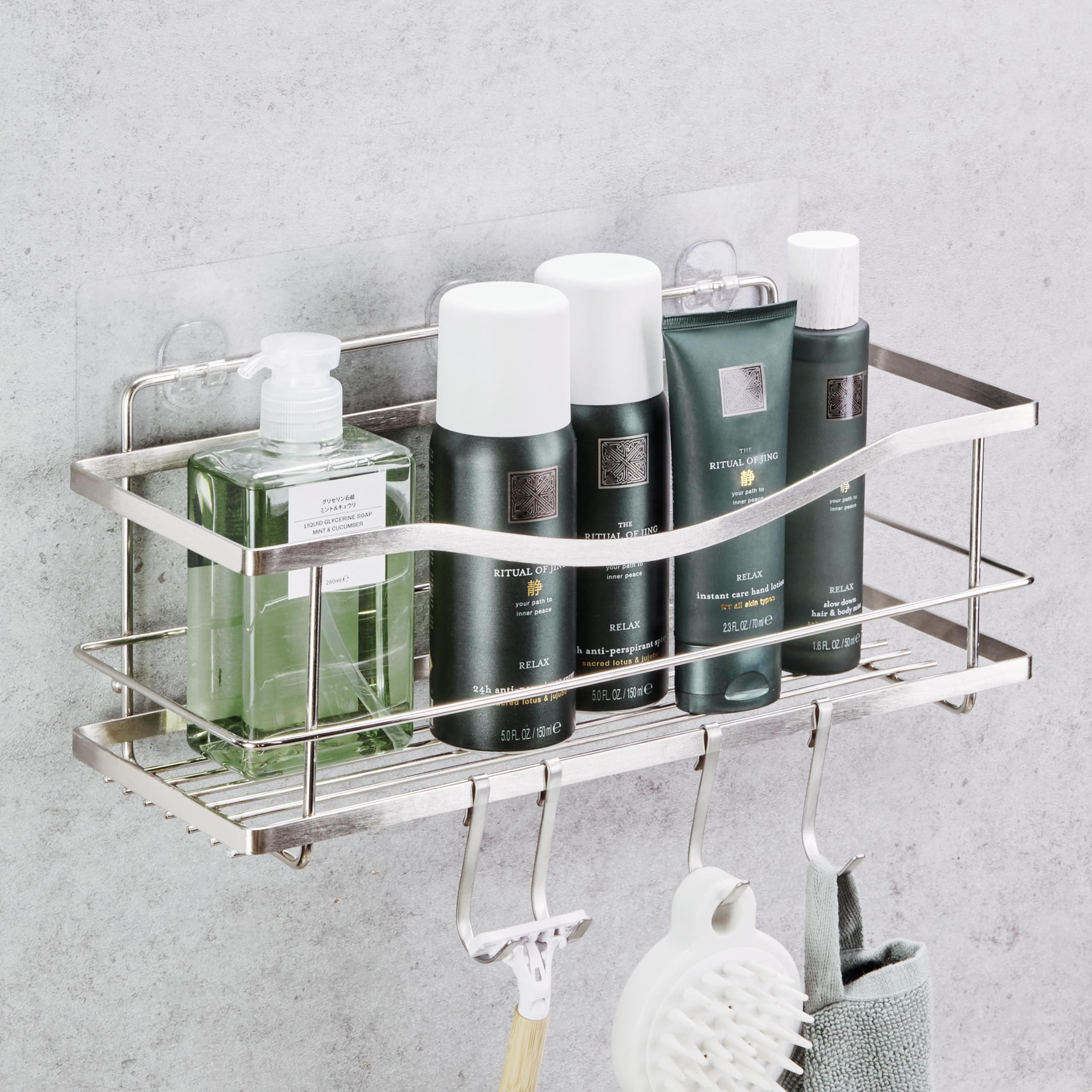 KINCMAX Premium Shower Caddy - Self Adhesive Shower Organizer with 4 Hooks, Rustproof Stainless Steel Shower Rack for Bathroom, Silver