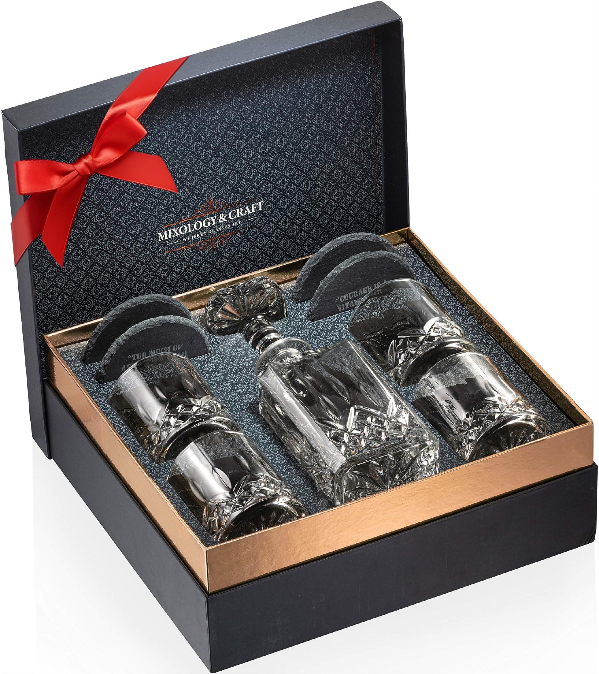 Mixology & Craft Luxury Whiskey Decanter Gift Set - 25oz Crystal Decanter, 4 Old-Fashioned Glasses, 4 Slate Coasters with Diamond Pattern Premium Black Gift Box
