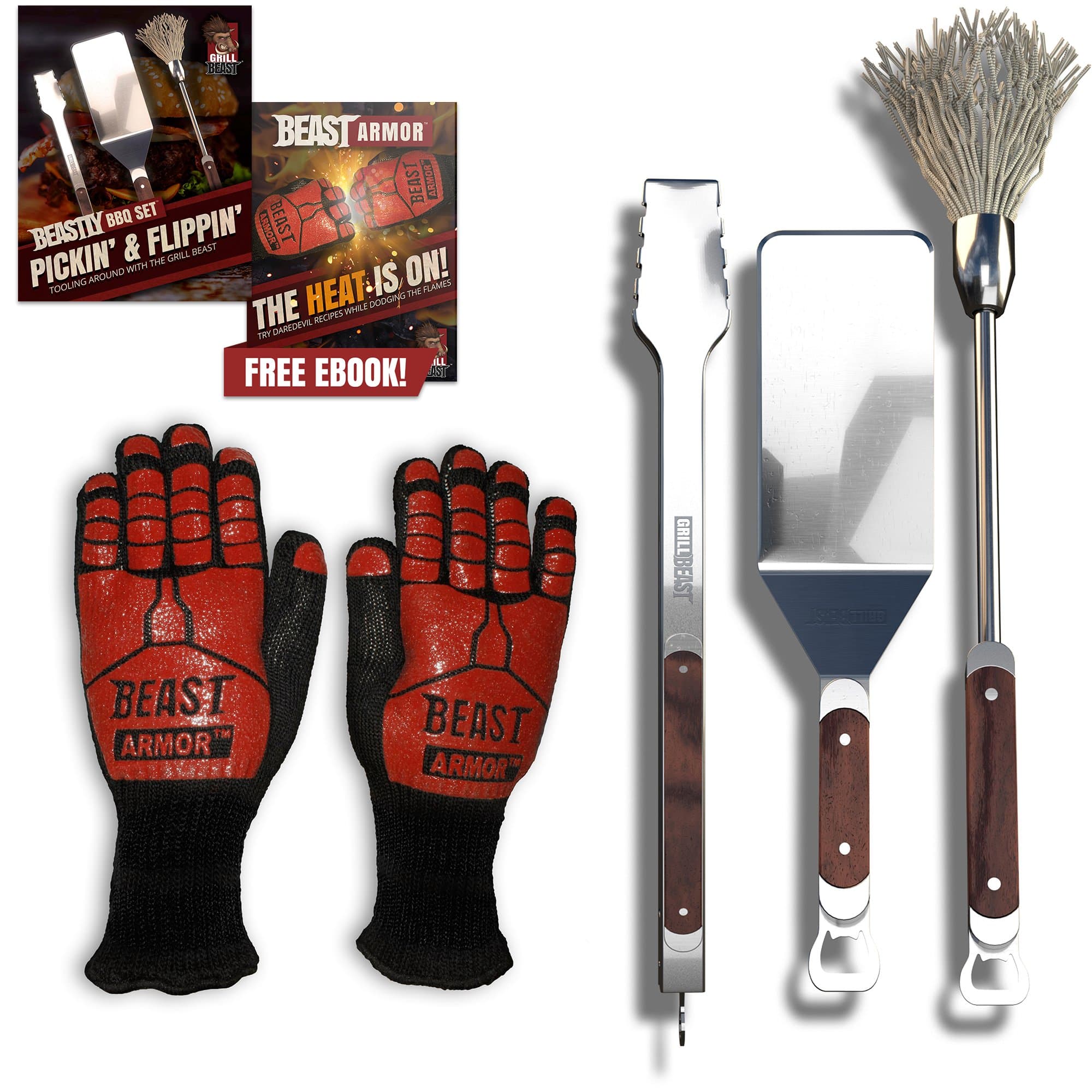 Grill Beast Beastly BBQ Set - Comes with BBQ Mop - BBQ Tongs - BBQ Spatula & Our Heat Resistant BBQ Gloves - Everyone Needs Our Top of The Line Barbecue Tools This is The Complete Backyard BBQ Kit