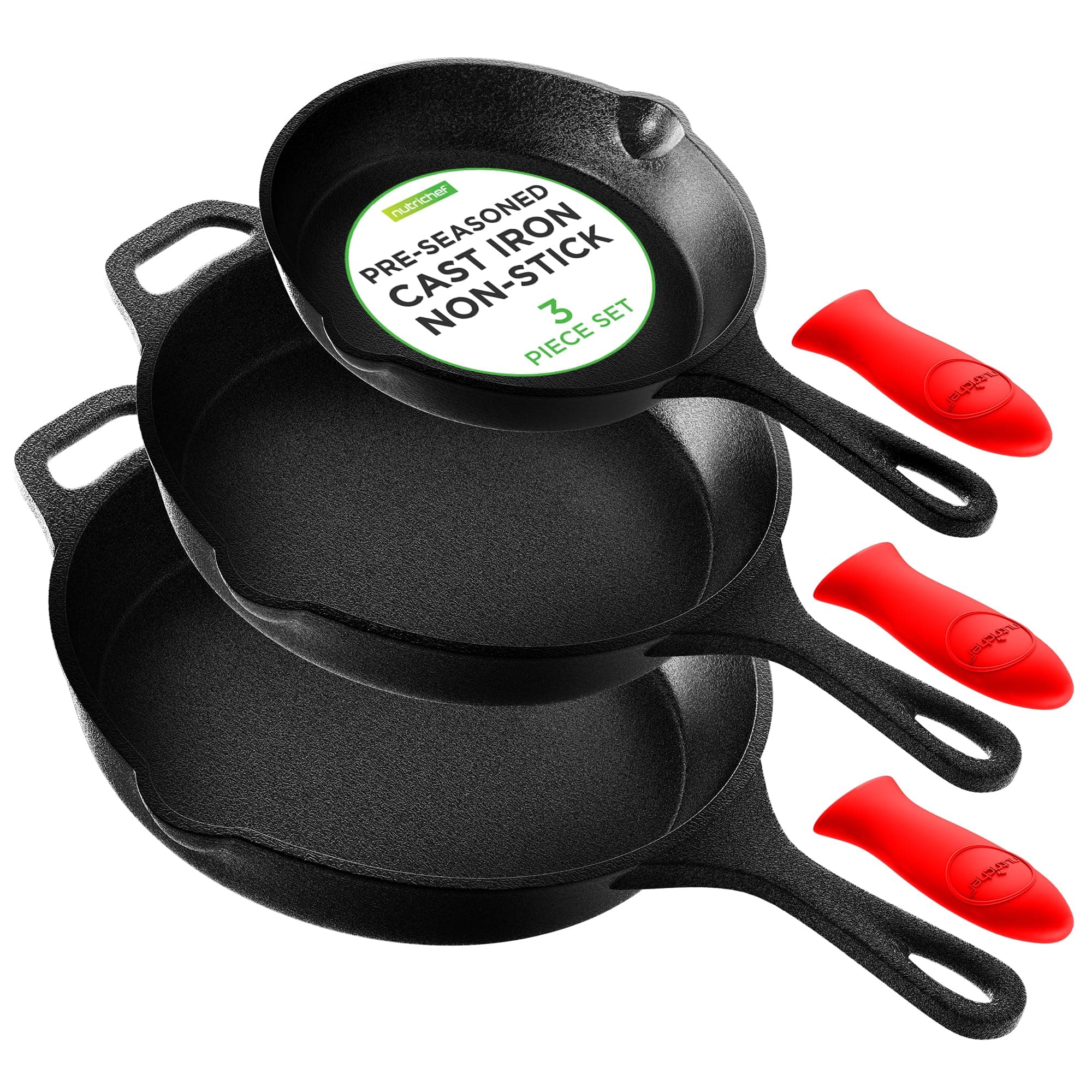 3pc Cast Iron Skillets - Pre-Seasoned Cast Iron Cookware with Drip Spout, Silicone Handles, For All Cooktops