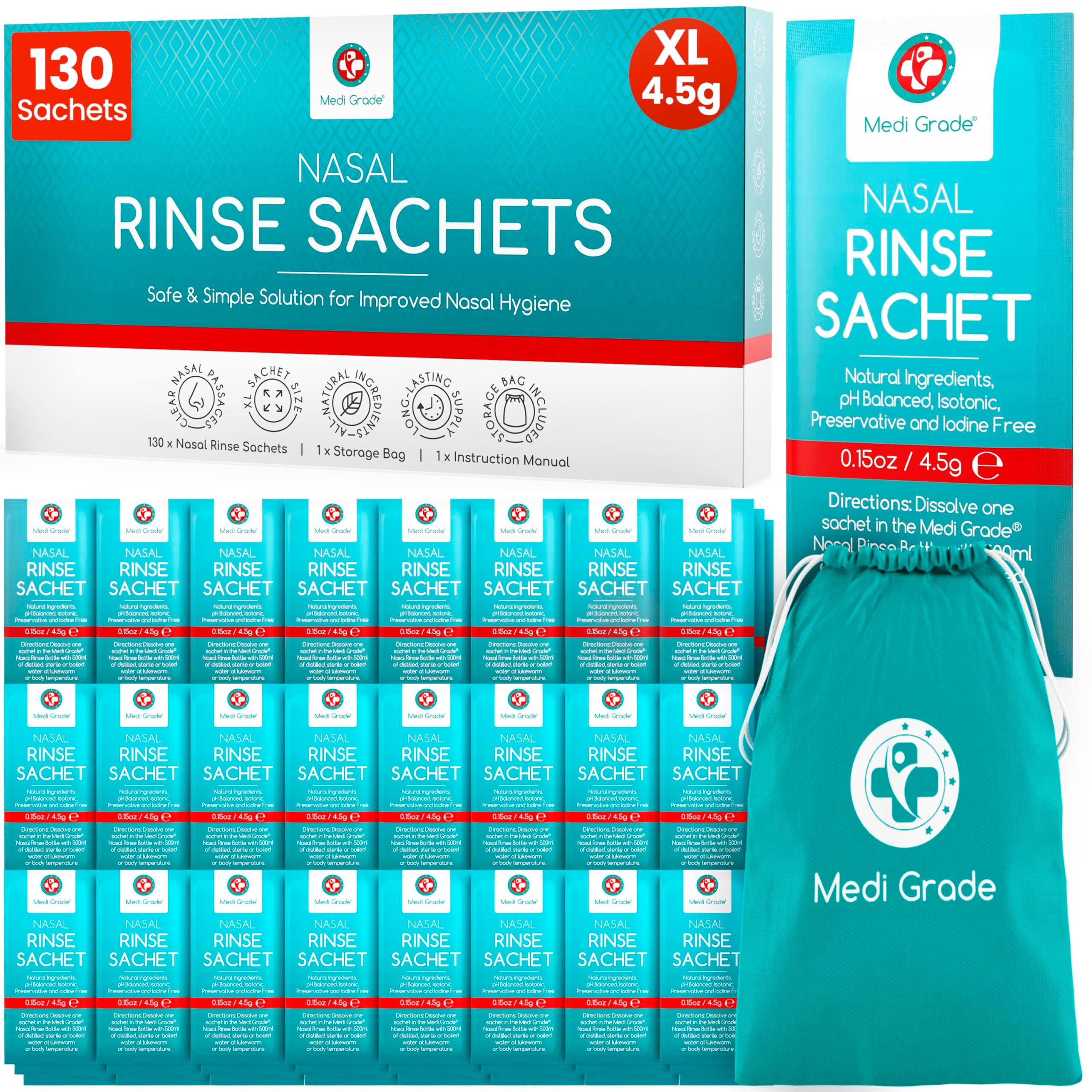 Medi Grade Sinus Rinse Packets – Nasal Rinse Essentials Kit of 130 x Salt Packets and Convenient Storage Bag - Enjoy Effortless Nasal Irrigation at Home or On the Go with Our Neti Pot Salt Packets
