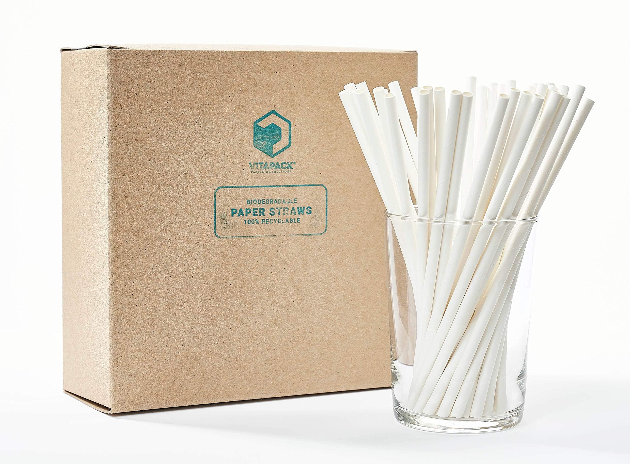 Vitapack 100-Pack White Paper Straws 7.75 Certified Compostable Made in USA