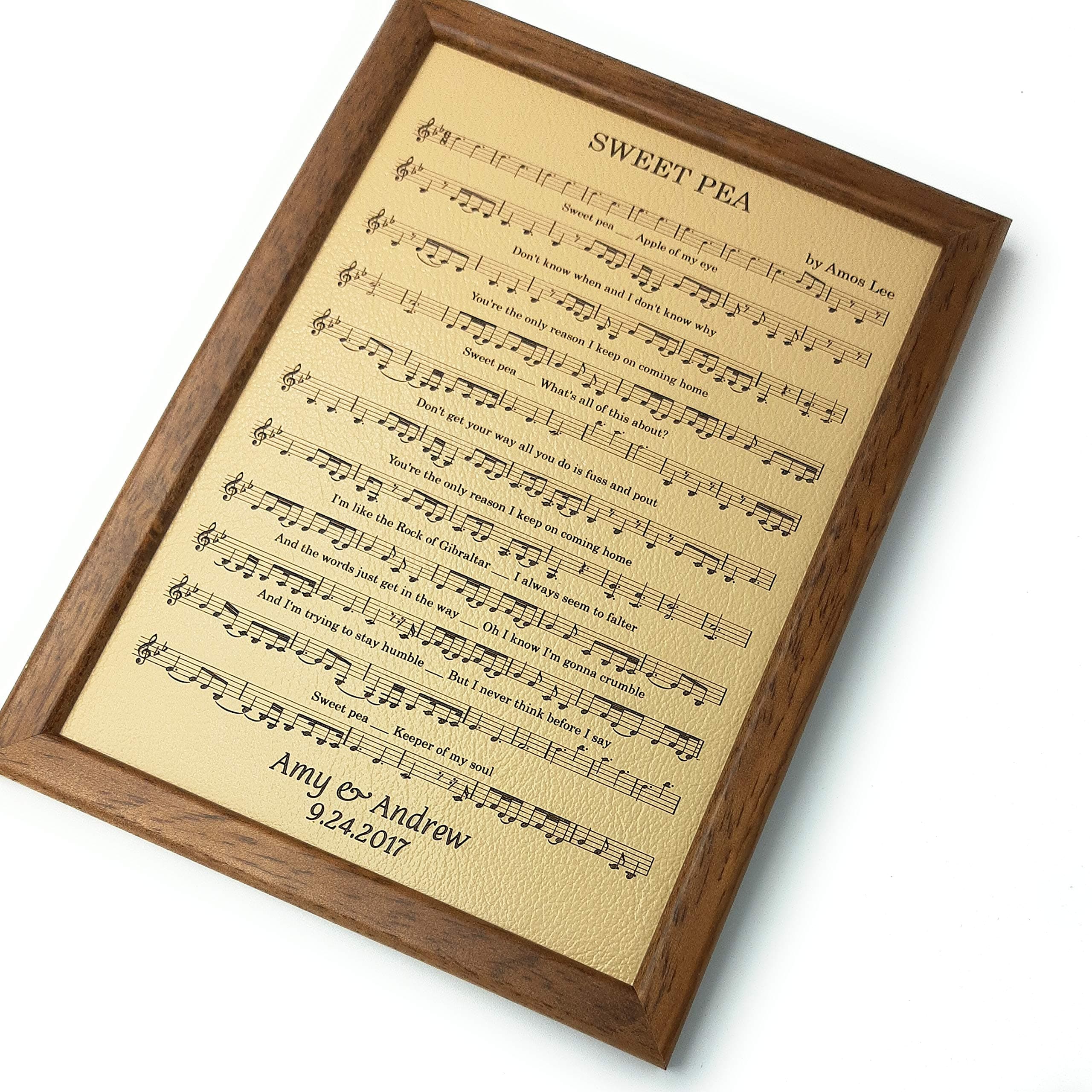 Leather engraved music sheet, personalized framed music notes, 3rd wedding anniversary gift, leather picture, custom engraving