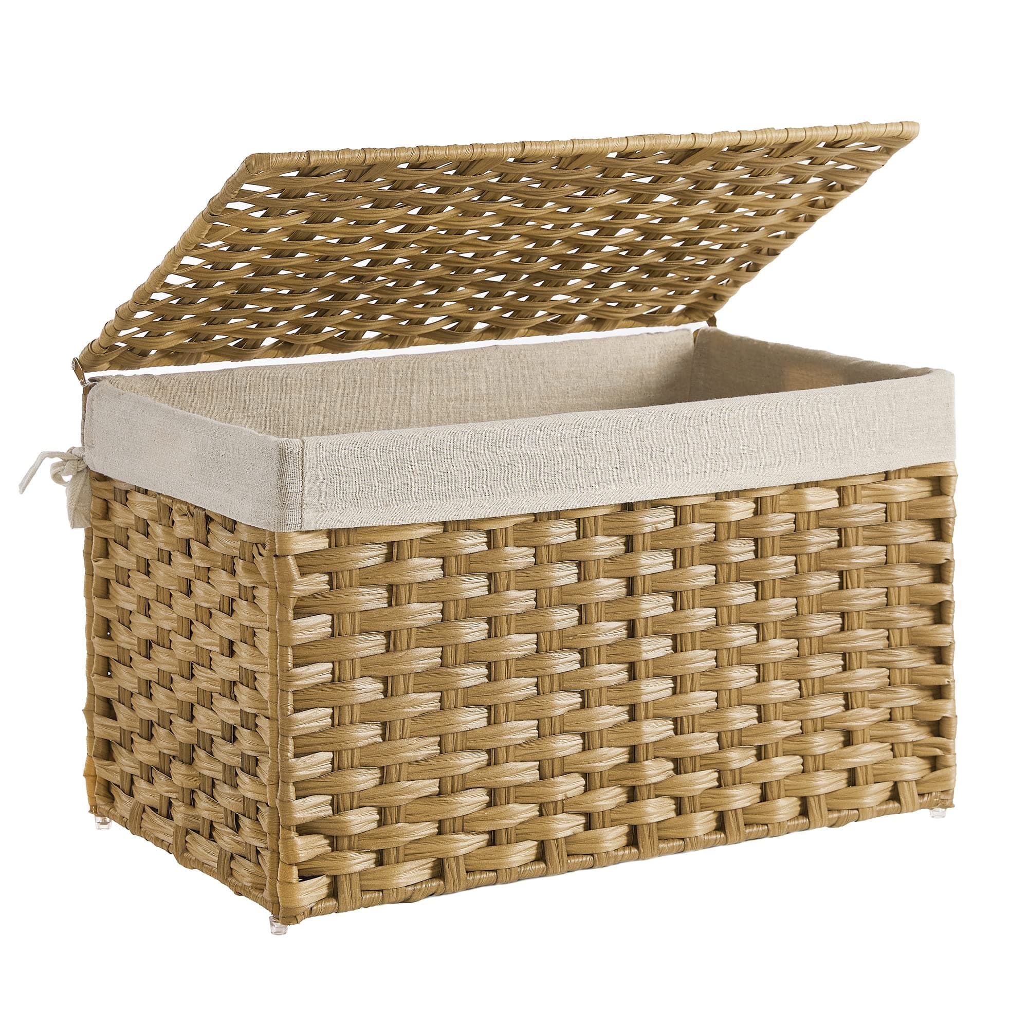 SONGMICS Storage Basket with Lid, Woven Blanket Storage Bin with Handles, Foldable, Removable Liner, Metal Frame, for Bedroom, Laundry Room, 17.2 Gallons (65 L), Natural URST56NL