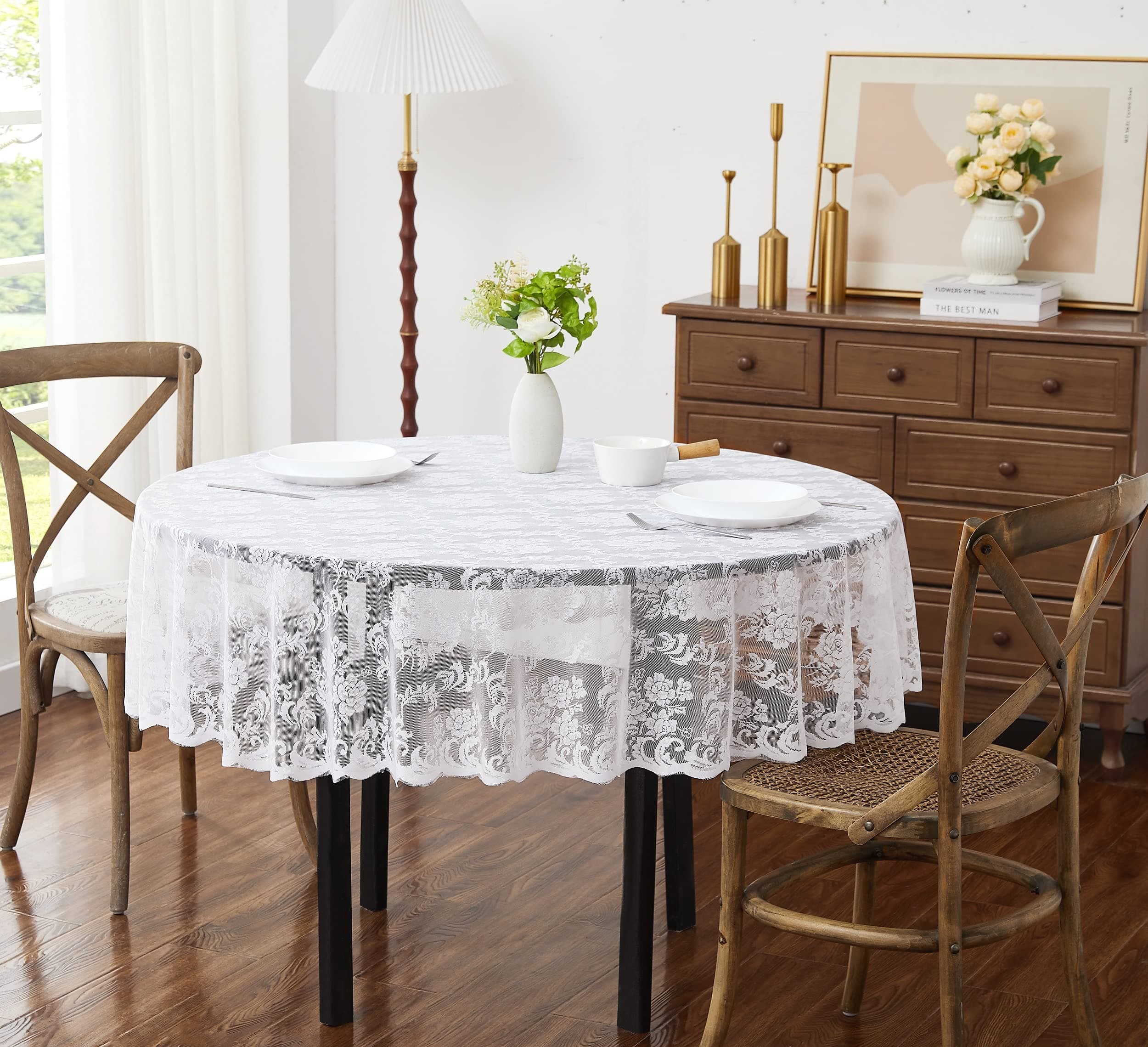 LinenZone Small White Round Tablecloth for Rustic Vintage Decor. Sheer Lace Table Cloth Works Great As Wedding Tablecloth or Thanksgiving Table Cover. (Mia 36 Round, White)