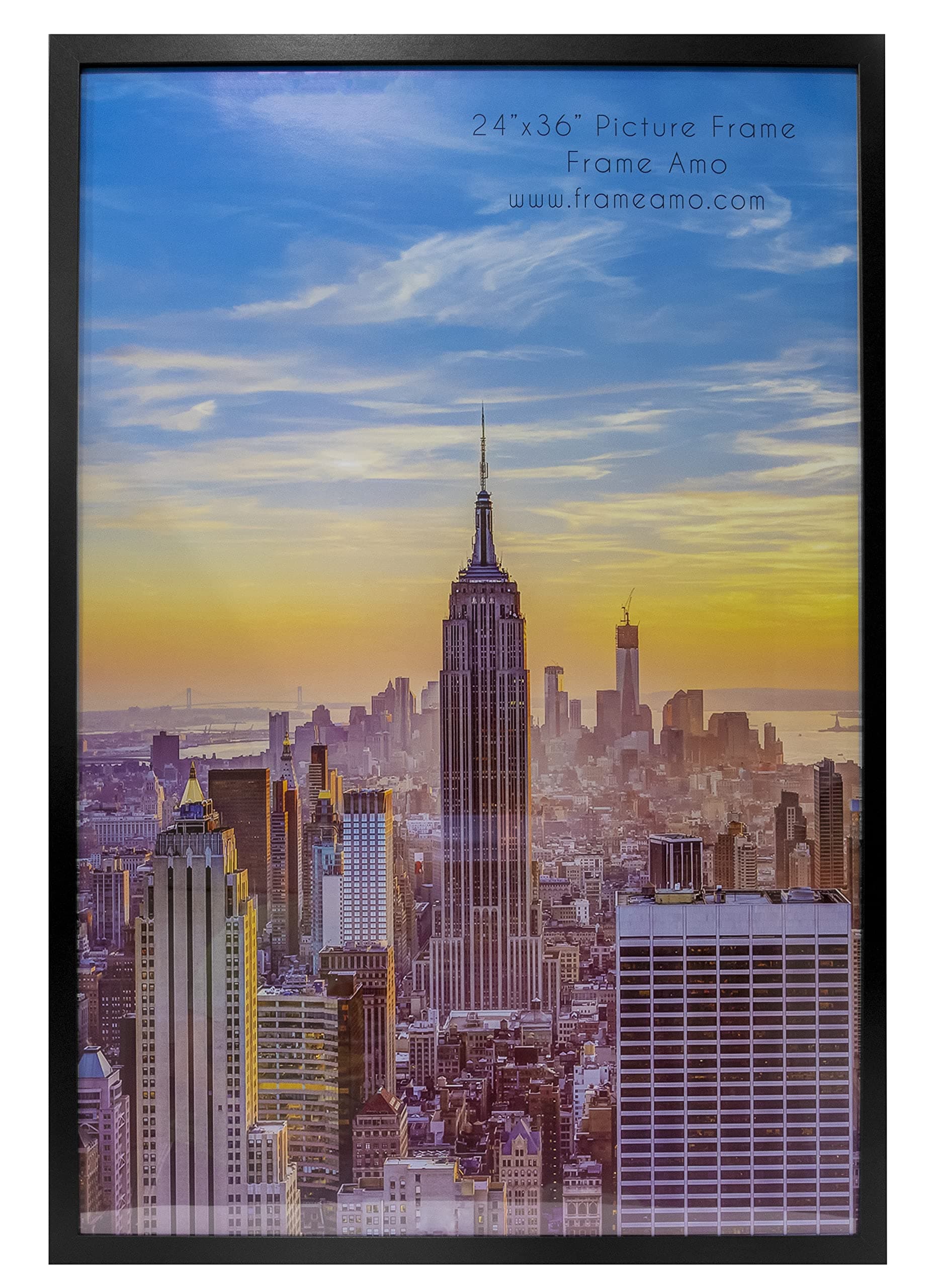 Frame Amo 24x36 Black Modern Picture or Poster Frame, 1 inch Wide Border, Smooth Wrap Finish, Acrylic Face