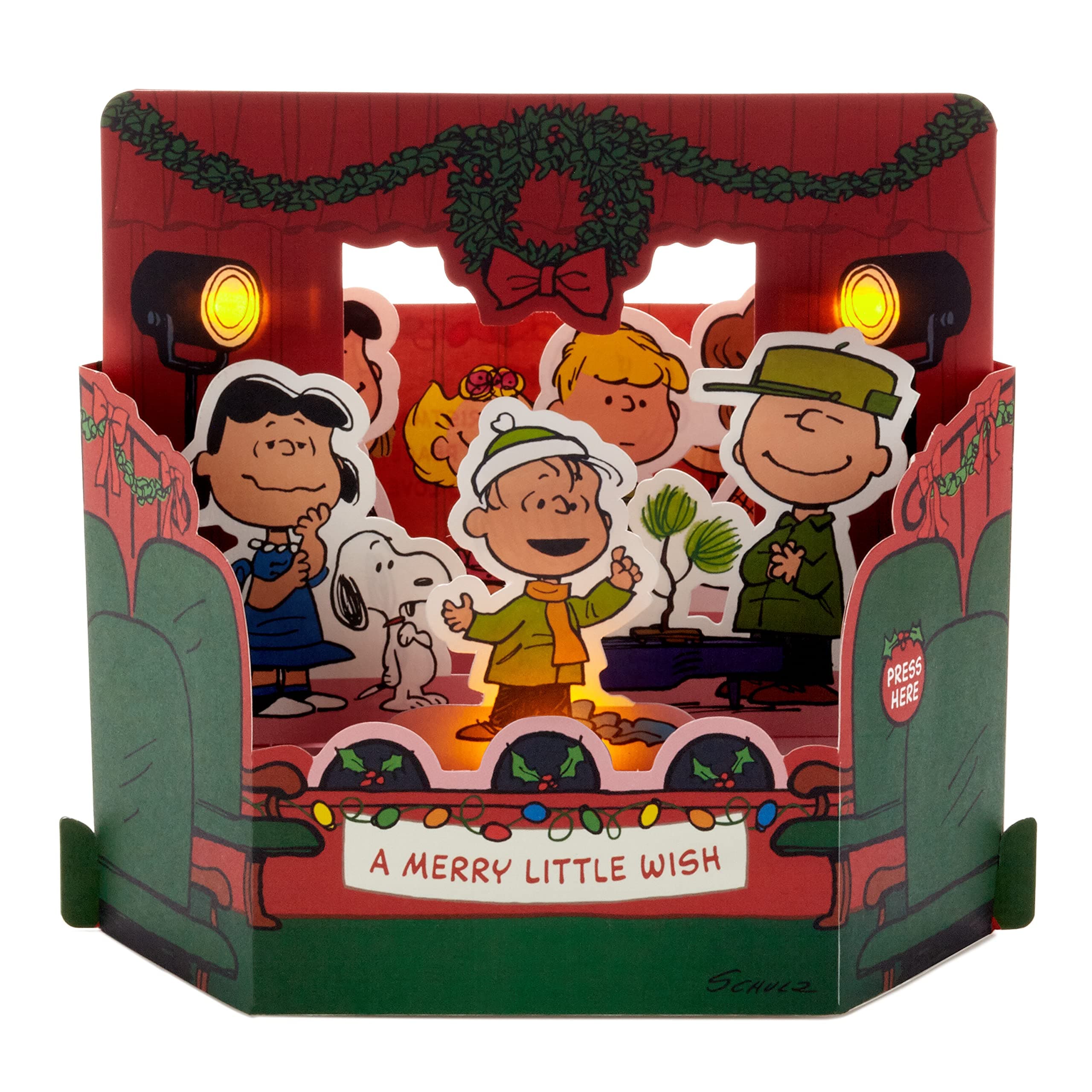 Christmas Card, Peanuts Comics, Peanuts Gang, Musical, Light Up, Pop Up Christmas card, 3D Christmas Card, Red