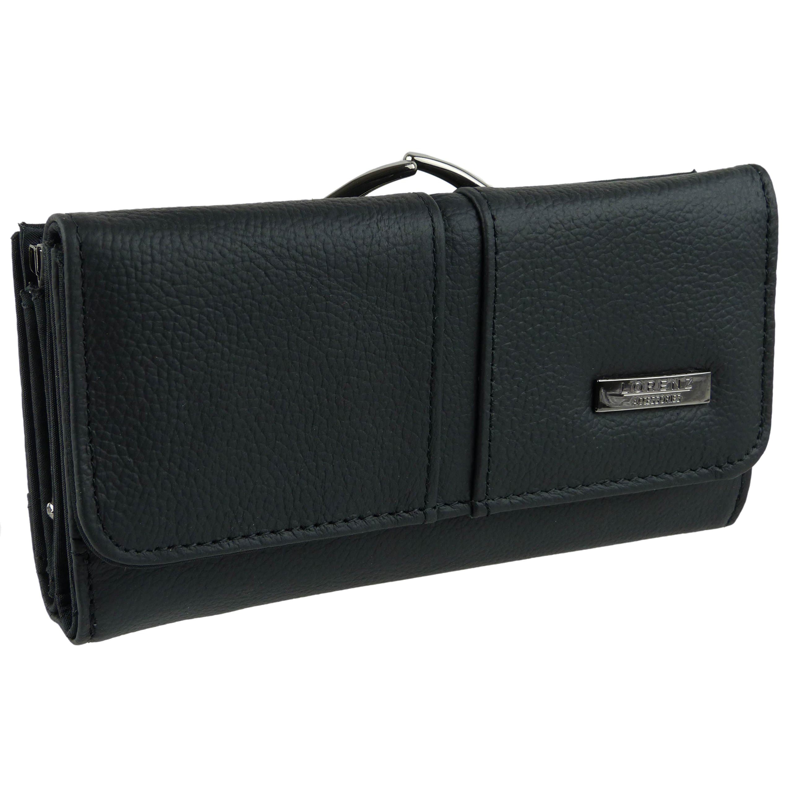 Lorenz Ladies Large Black Cowhide Leather Clasp Purse/Wallet
