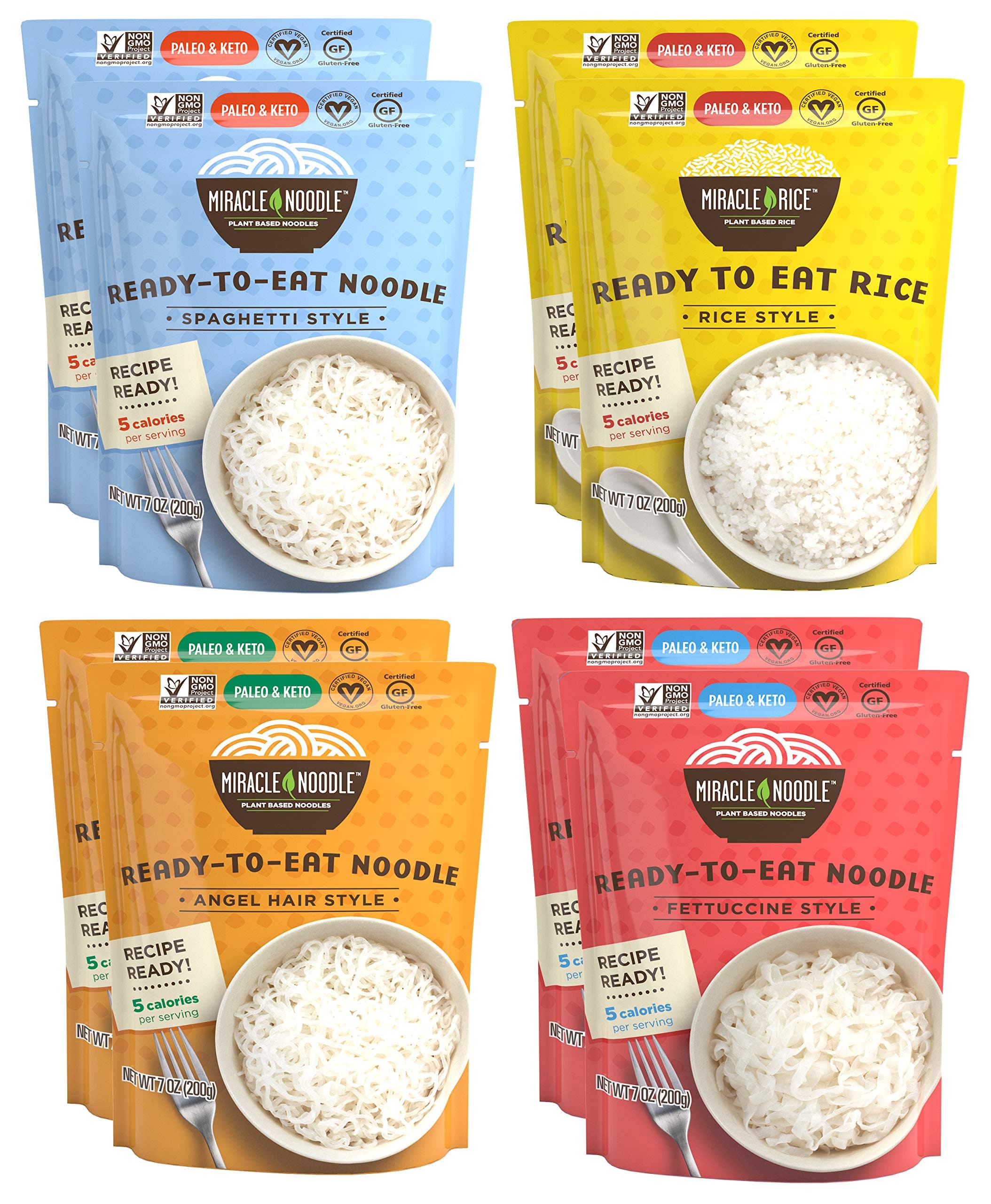 Ready to Eat Variety Pack, 7 Oz (Pack of 8), Angel Hair, Fettuccine, Spaghetti & Rice, Plant Based Shirataki Konjac Noodles, 5 Calories, Low Carb, Keto, Gluten-Free