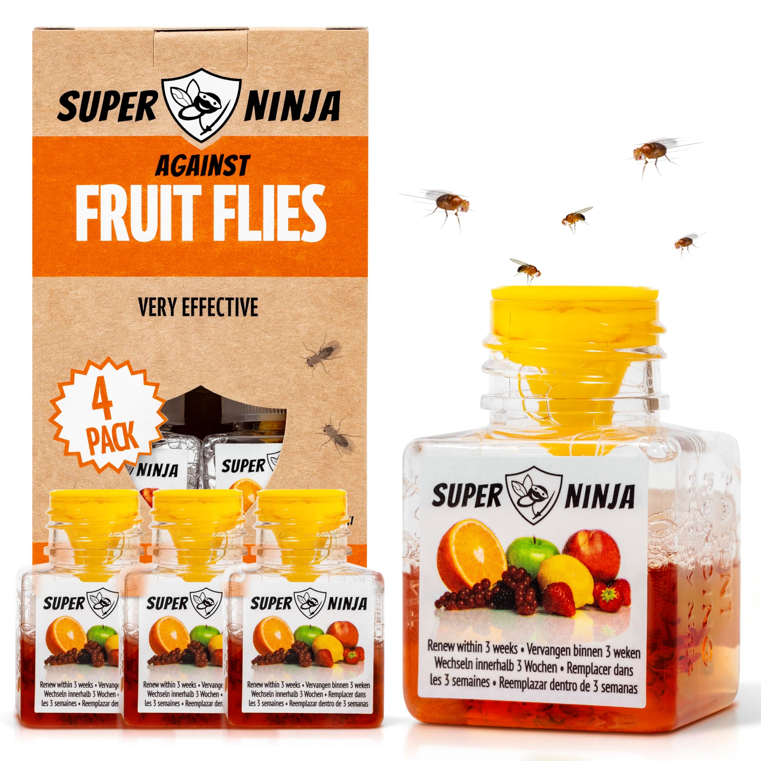 Indoor Fruit Fly Trap - 4 Traps - Fruit Fly Trap for Kitchen and Indoor Use - Fruit Fly Trap - Up to 3 Weeks