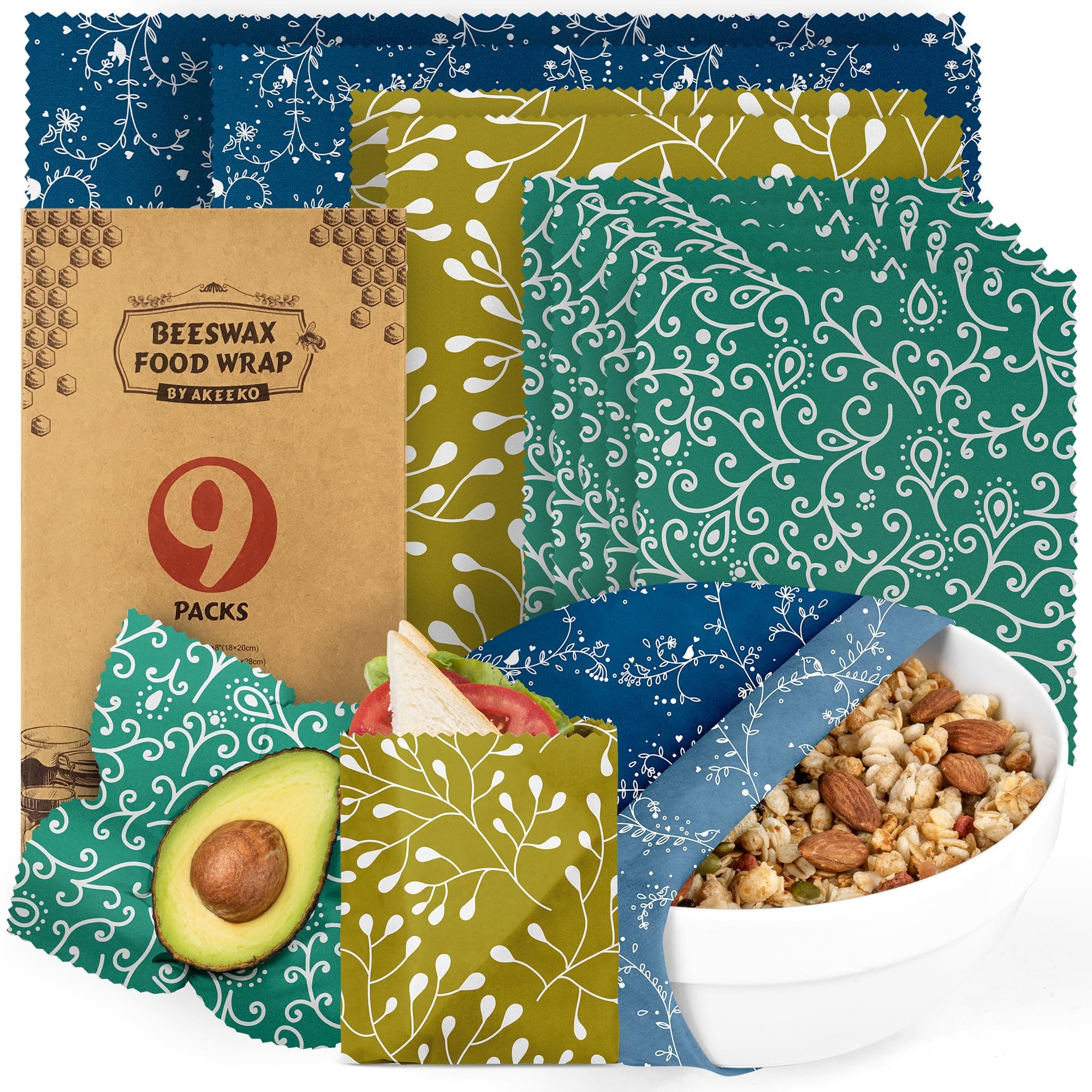 Akeeko Reusable Beeswax Food Wraps - Assorted 9 Packs, Reusable, Plastic-Free Food Storage, 5 Small, 2 Medium, 1 Large, 1 Extra Large Wraps with Abstract Curves Pattern