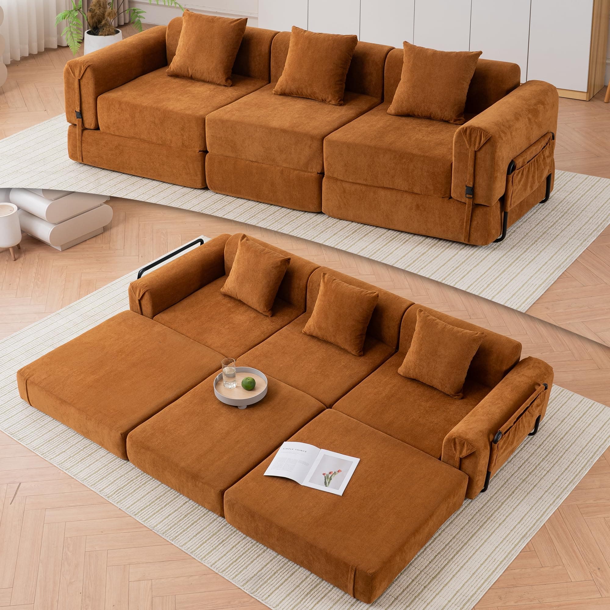 98.81" W Convertible Sectional Sleeper Sofa Bed, Comfy Fleece Folding Mattress Couch with Fixed-Shape Frame,Boneless Floor Lounge Couch Set for Living Room Apartment Office Bedroom