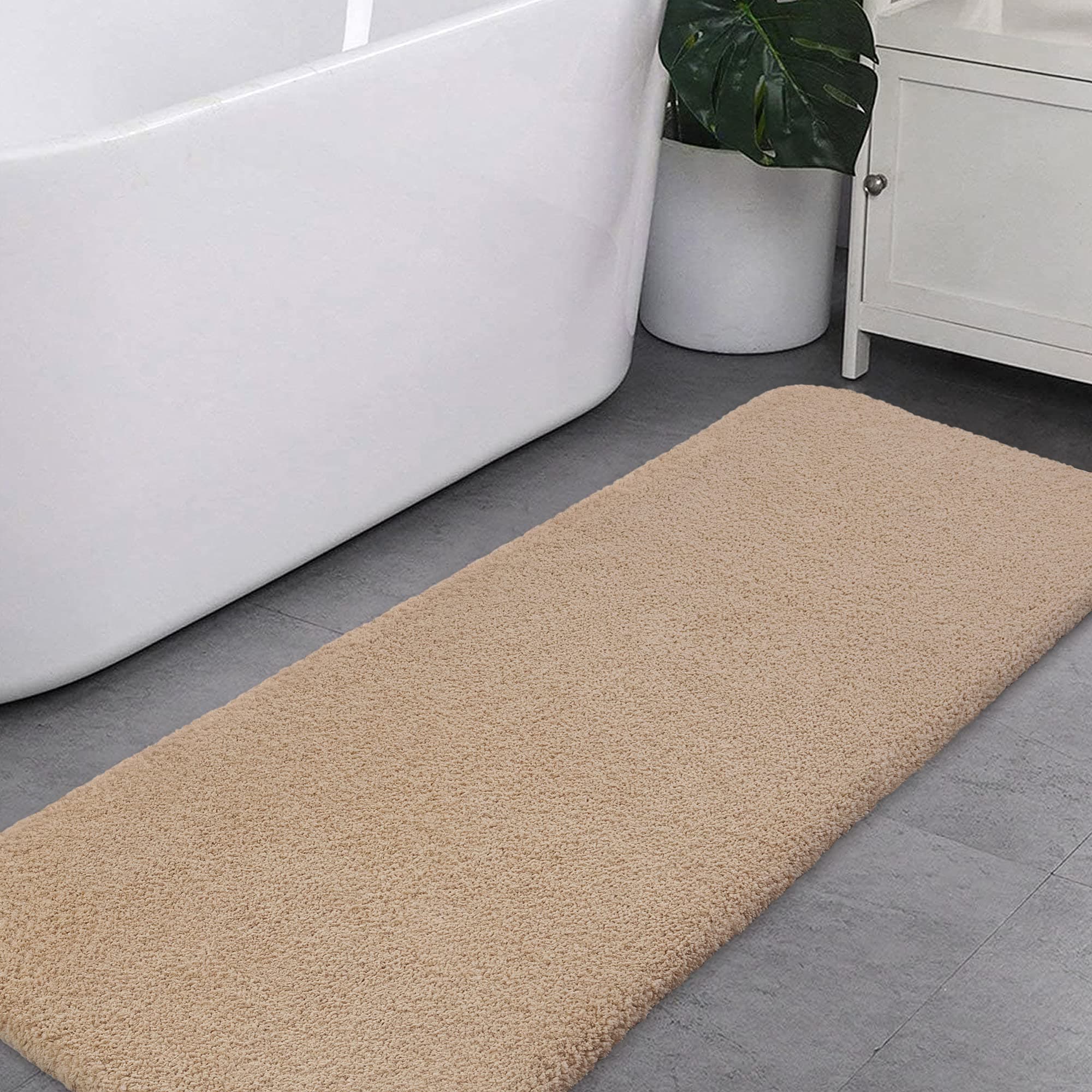 VANZAVANZU Non Slip Bath Mat Extra Large Bathroom Runner Rug Thickened Bath Rug for Bathroom Absorbent Ultra Soft Bedside Rug Fluffy Microfiber Carpet Runner Floor Mat - 50 x 178cm (Beige)