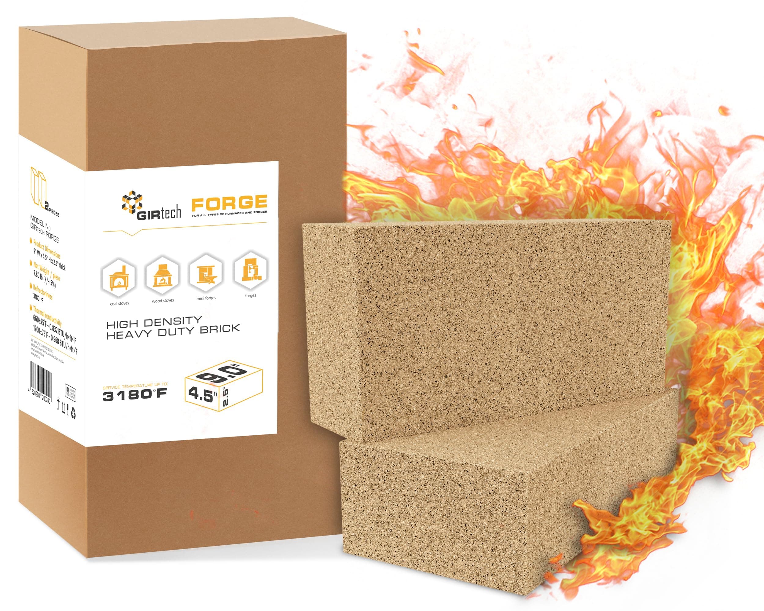 Forge High Density Heavy Duty Fire Bricks 3180F - Pack of 2 | Hard Refractory Fire Brick for Masonry, Insulating Kiln, Fire Pit, Wood Stove, Oven, Grill, Melting Metals | Fireproof Bricks