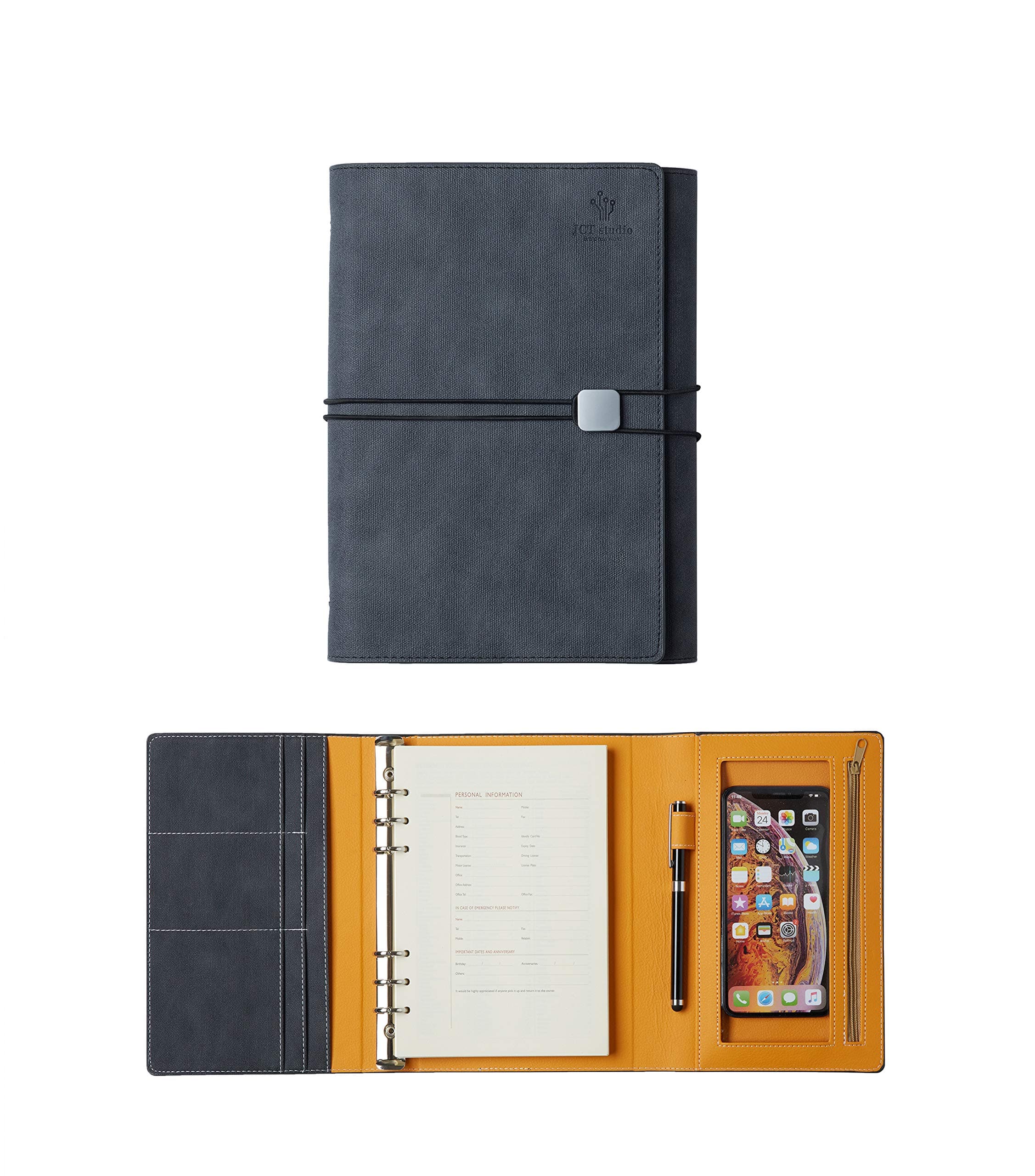 College Ruled Notebook - Hardcover Refillable Planner, Faux Leather Journal, Multi Organizer with Pen Loop, Zipper Phone Pocket, Card Holder, Fits for A5 Size 6 Hole Refill Lined Paper (Gray)