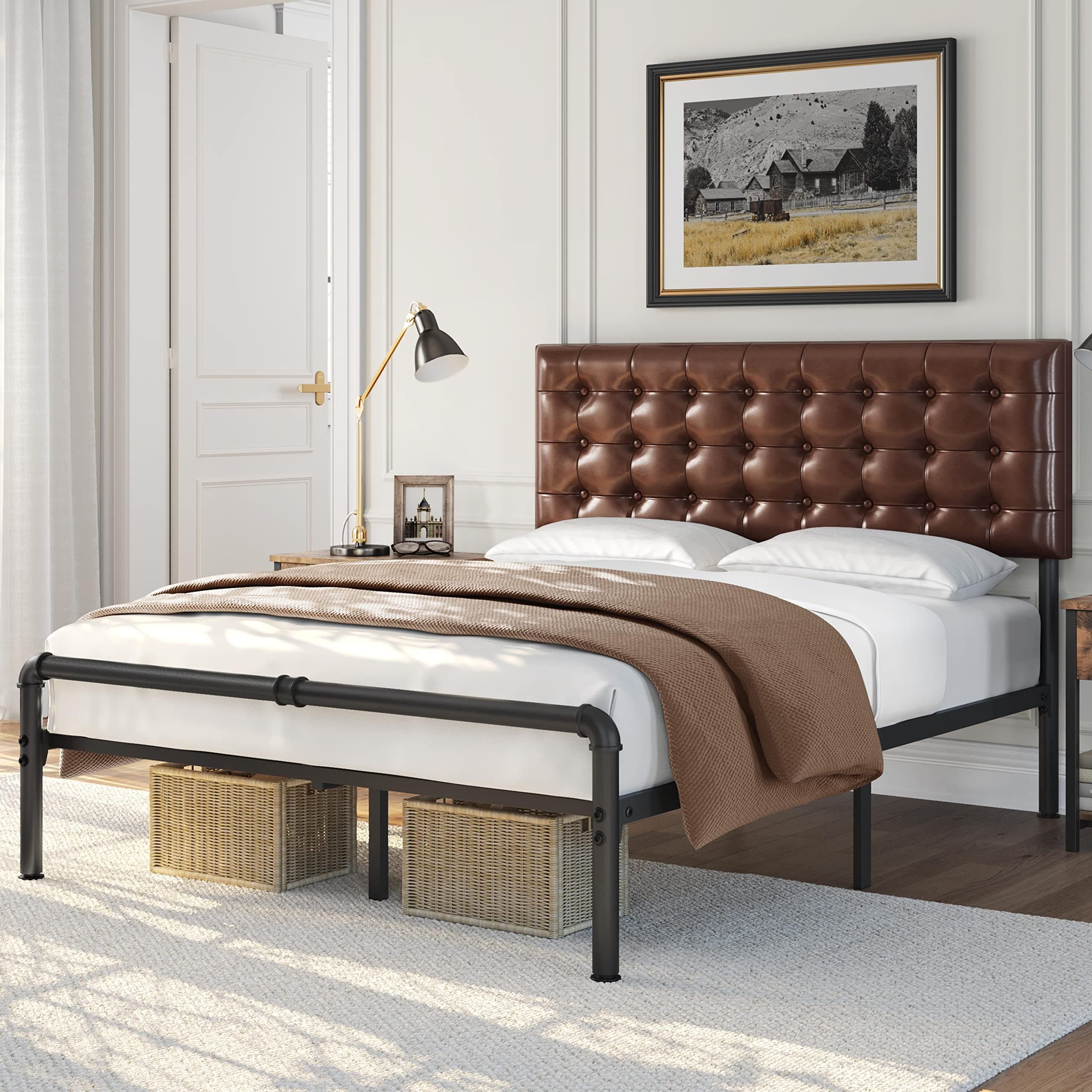 Yaheetech Queen Bed Frame Metal Platform Bed with Faux Leather Height-Adjustable Headboard, 12 Inch Underbed Storage/Noise Free/No Box Spring Needed/Industrial Pipe Foot End, Elegant Brown Queen Bed