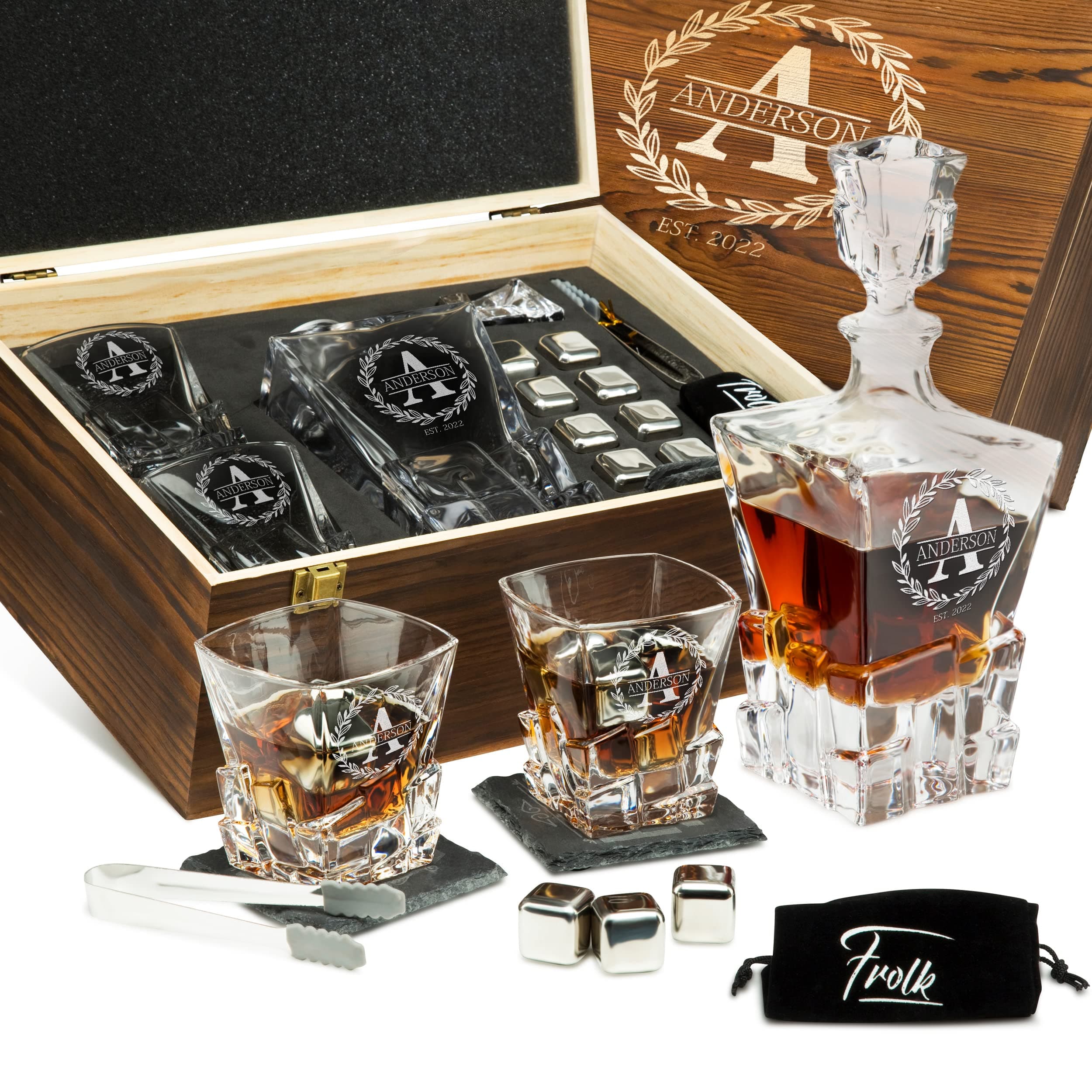 - Personalized Whiskey Decanter and Stones Set - Customized Gift for Men, Dad, Father - Engraved Rocks Whiskey Decanter, 2 XL Glasses, 8 Whisky Cubes, 2 Coasters, Tongs, Pouch in Wooden Gift Box