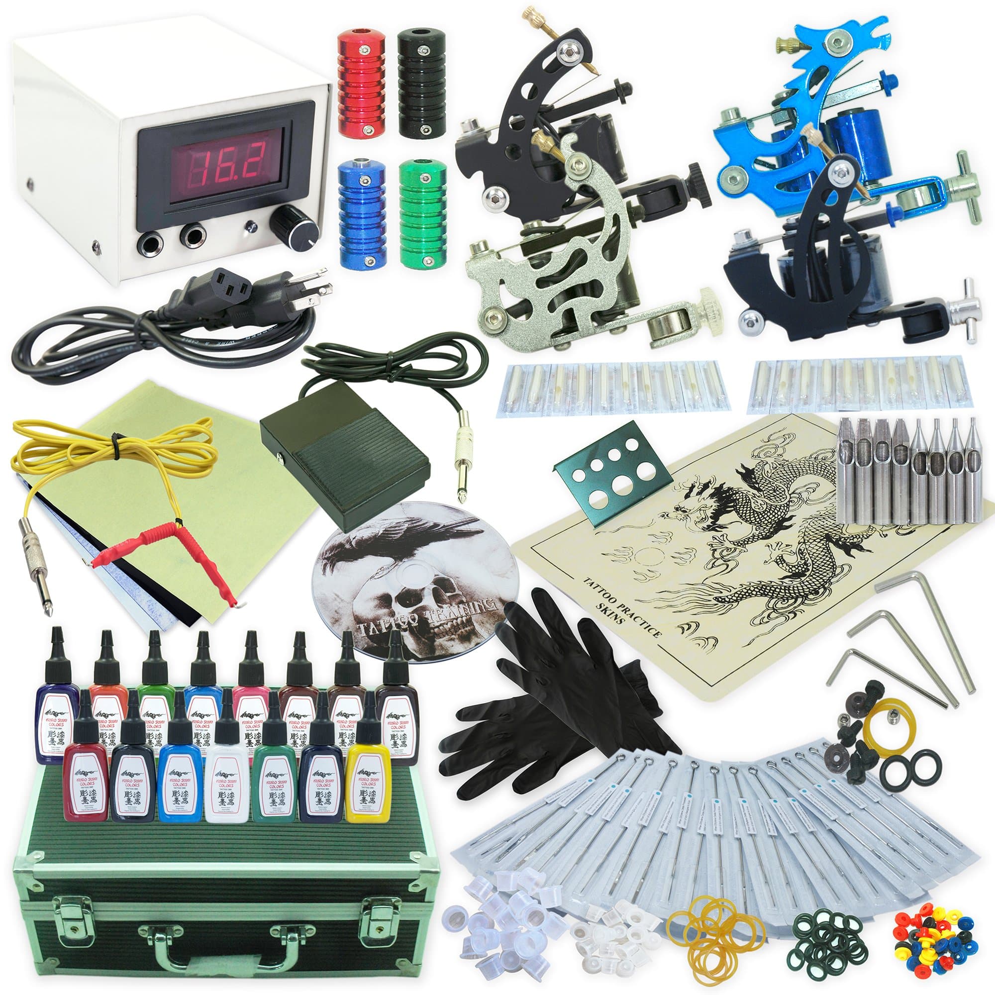 Complete Tattoo Kit 4 Machine Guns Set Equipment Power Supply 15 Color Inks TKT020