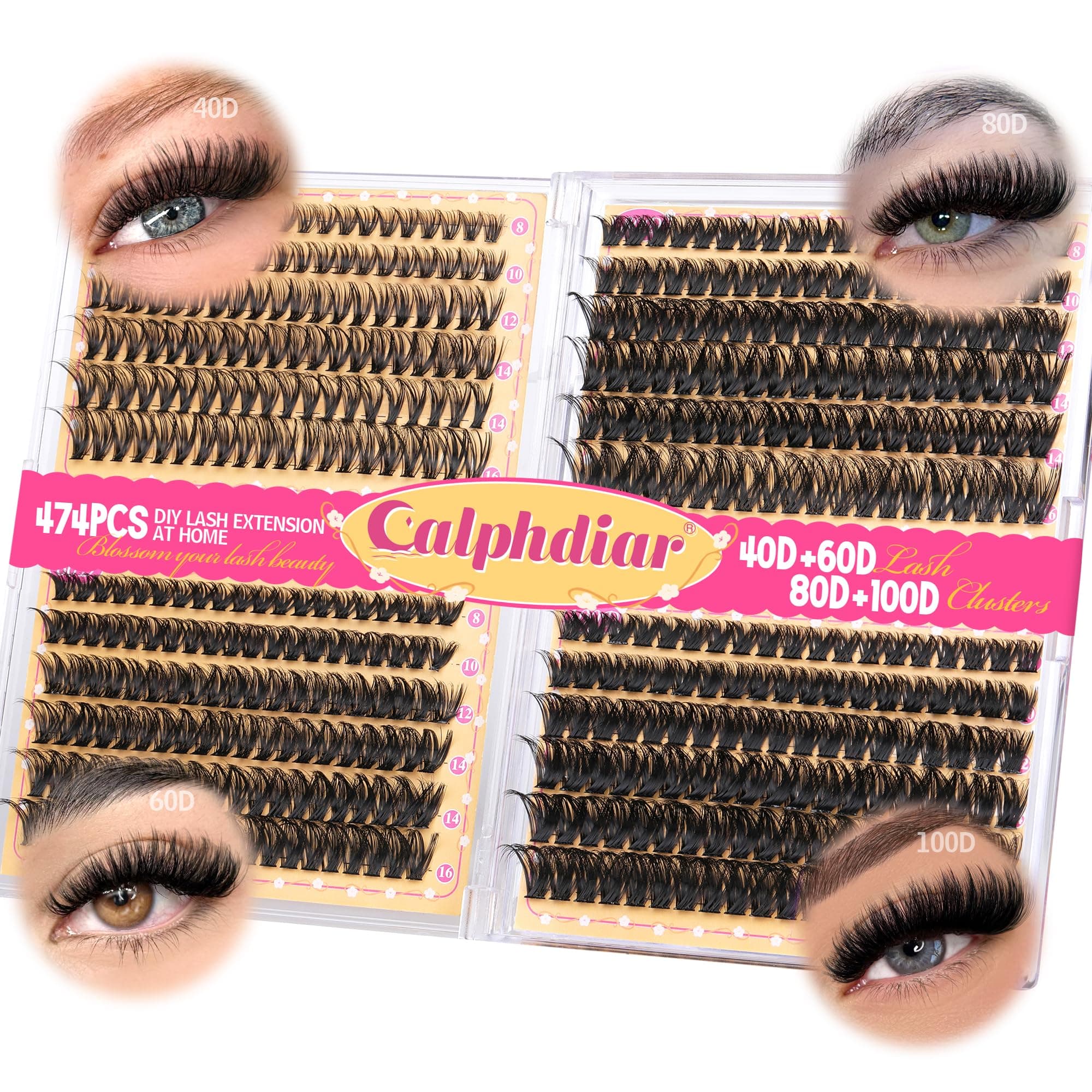Lash Clusters 40D+60D+80D+100D Eyelash Clusters 474PCS Individual Lashes D-Curly Cluster Eyelash Extensions 8-16MM Wispy Lashes Clusters Volume False Mink Eyelashes DIY Lash Extension