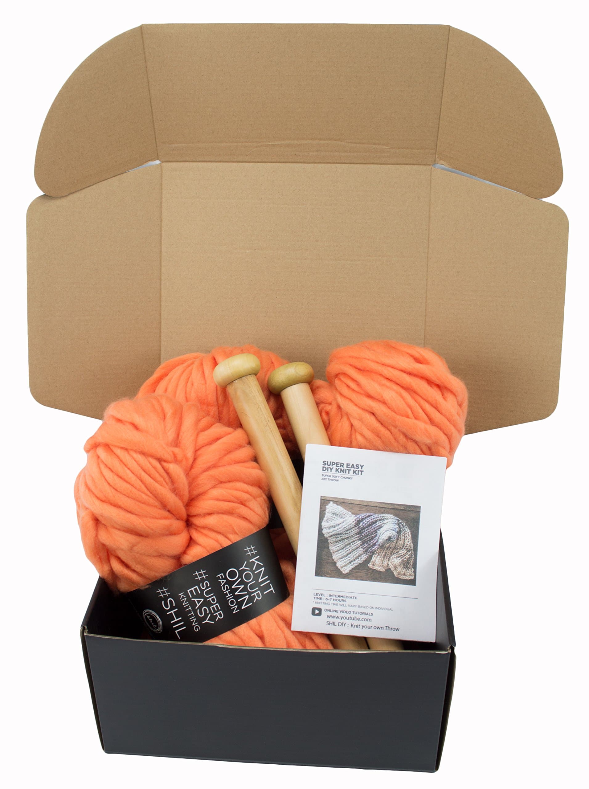 Chunky Knit Blanket DIY Kit, Super Soft Thick Yarn, Large Wood Knitting Needles (Orange)