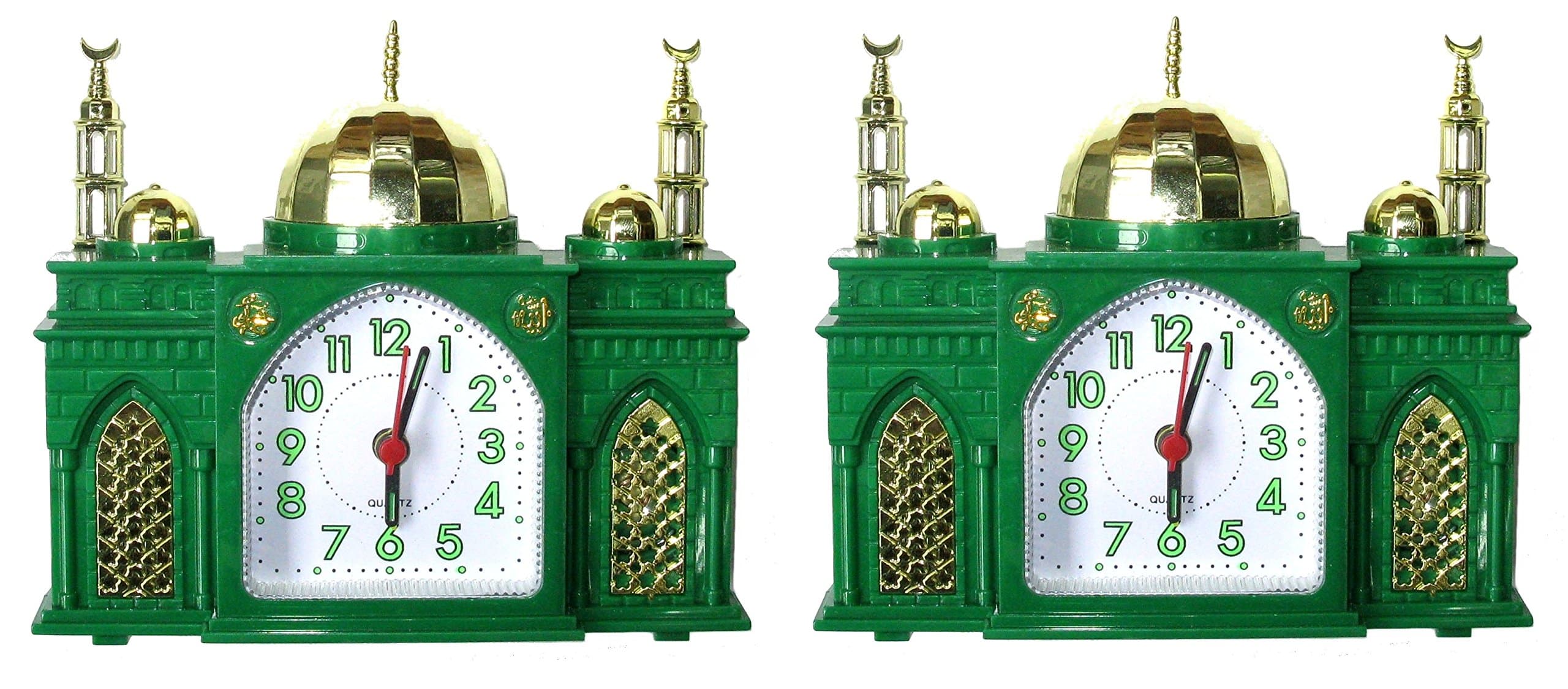 Mosque Shaped Alarm Clock Battery Mosque Clock Plays Islamic Muslim Azan Call to Prayer + Bell White Green Blue Pink Choose Single Pair or 4 Pack (Pair: Green)