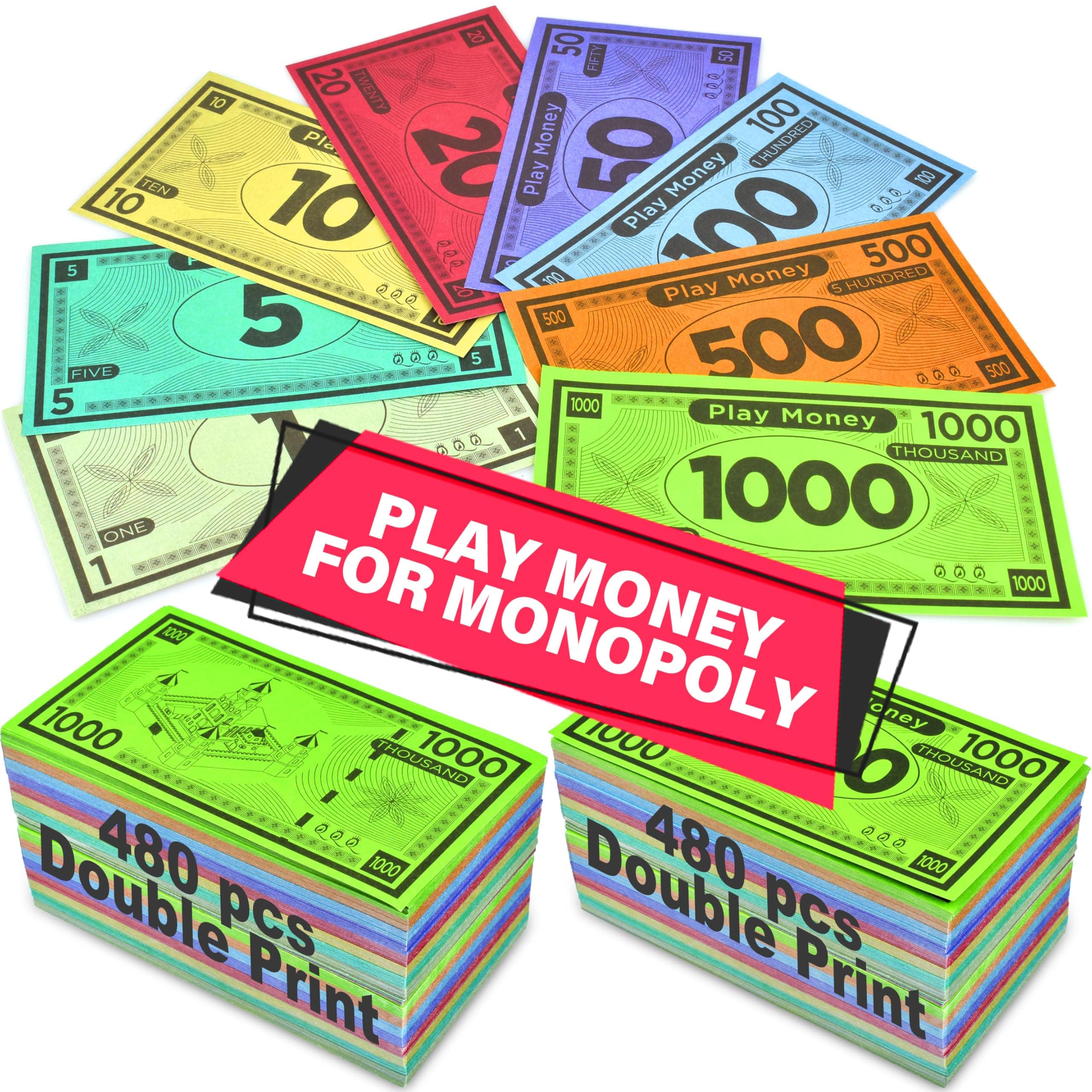 Play Money Suitable for Monopoly Board Game – 480 pcs of 60 Each Bill Denomination – Double Sides Printing Paper Money for Pretend Play Cashier, Monopoly Money Refill Packs - 480 pcs