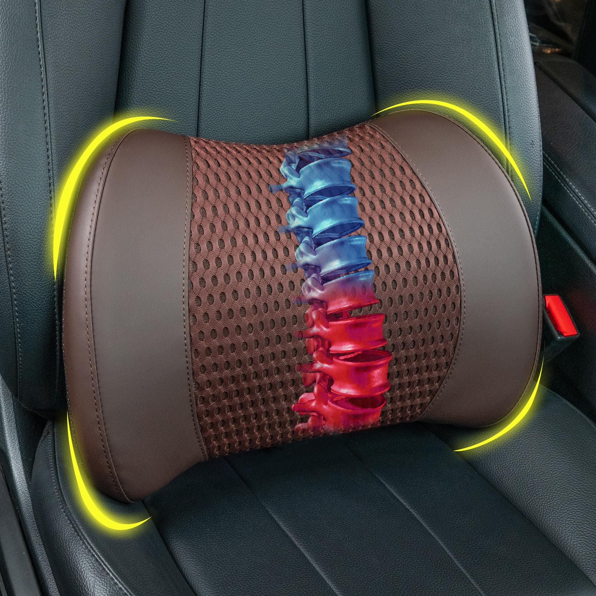 Memory Foam Lumbar Support Cushion Relieves Lower Back Pain for Car Seat, Office Chair, and Wheelchair, 4D Mesh, Brown