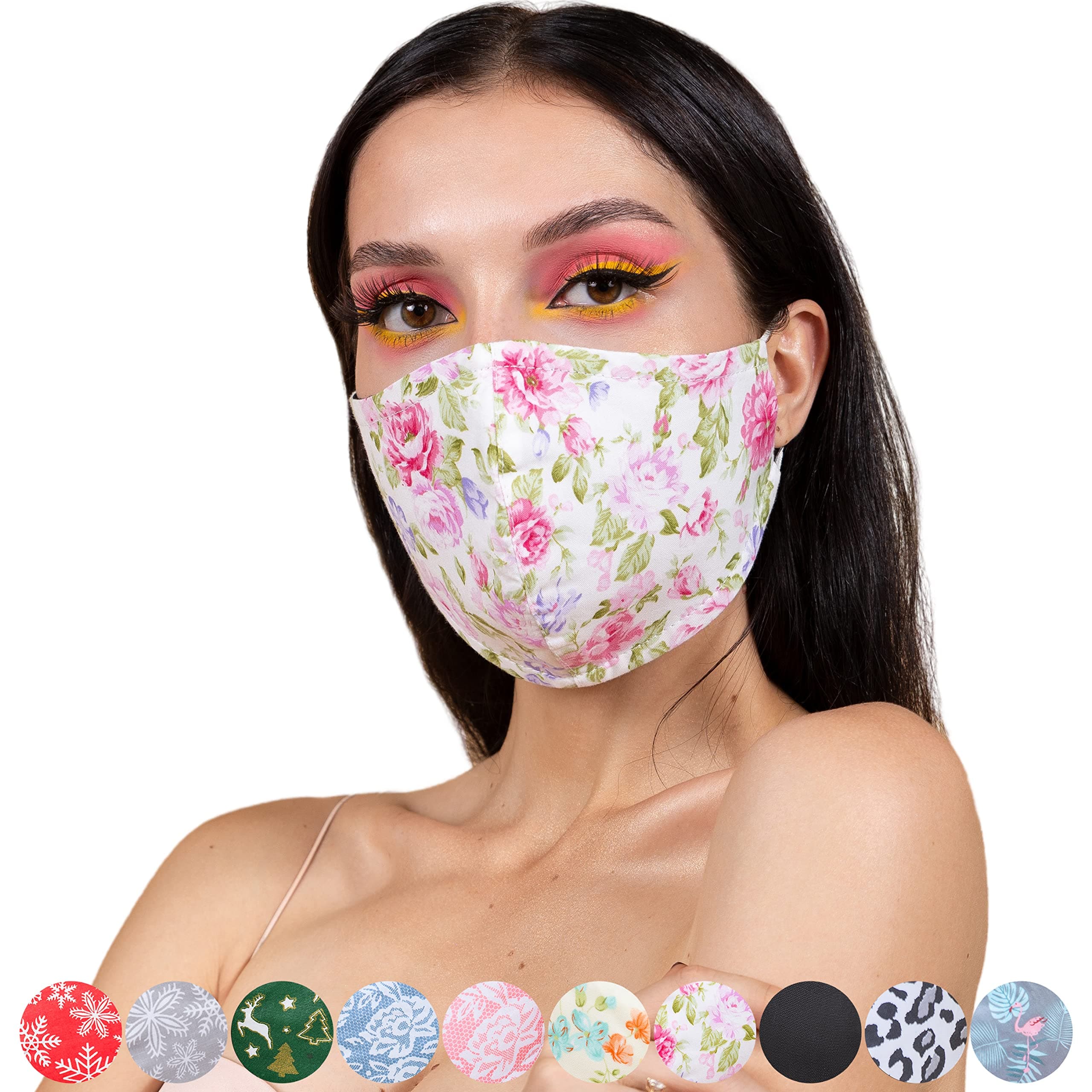 Washable Face Mask with Filter Pocket UK Reusable White Pink Floral Print Masks 100% Cotton Masks