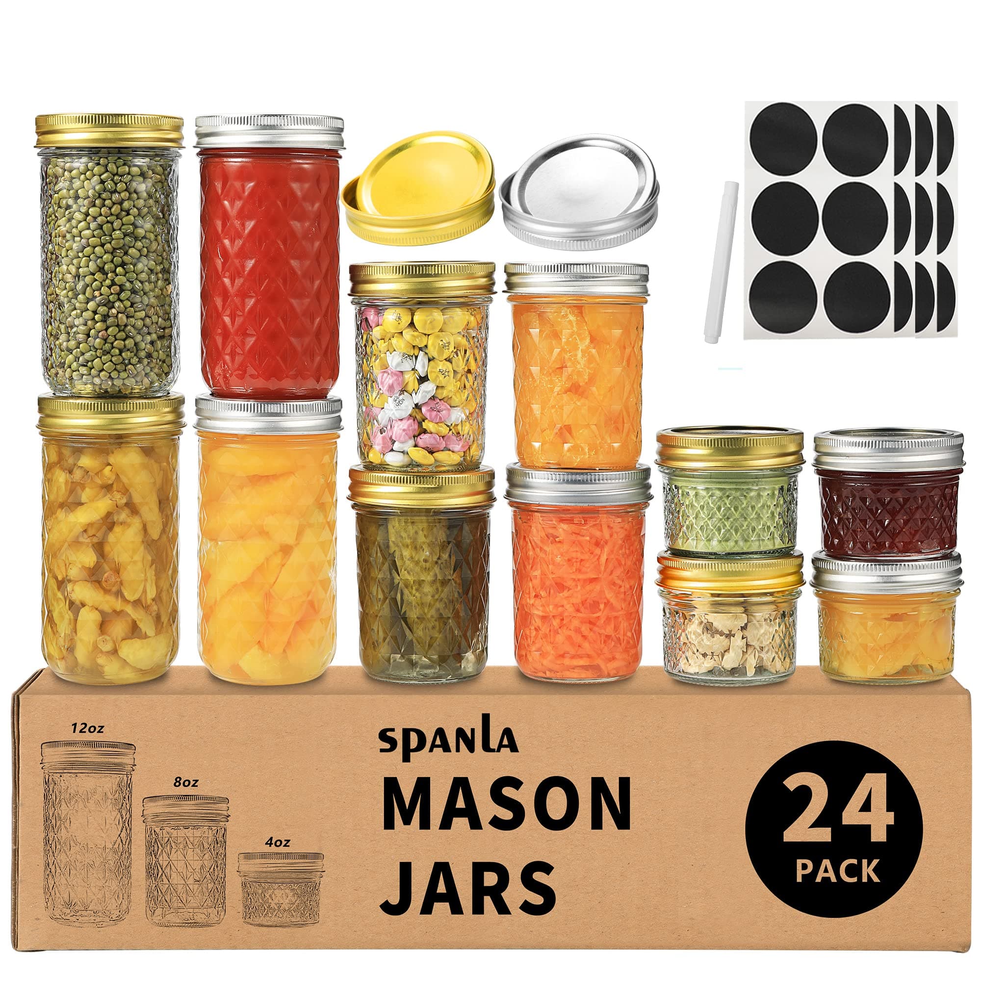 SPANLA Mason Jars, 24 Pack Canning Jars With Regular Lids, Ideal for Jam, Jelly, Honey, Wedding Favors, Shower Favors, DIY Glass Spice Jars - 4 OZ x 8, 8 OZ x 8, 12 OZ x 8 (4oz -8oz-12oz)