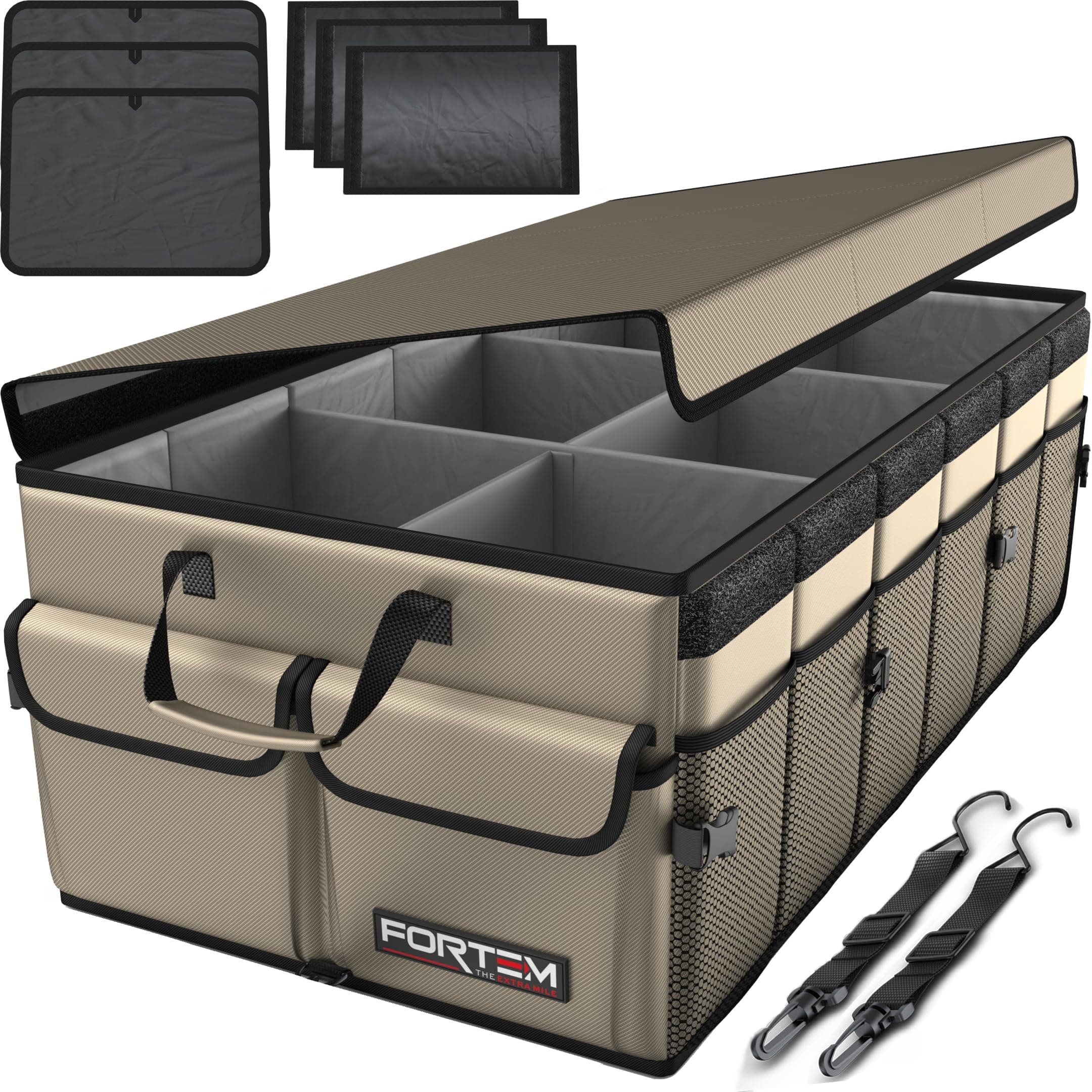 FORTEM Car Trunk Organizer, Storage Collapsible Multi Compartment SUV Non Slip Bottom, Adjustable Securing Straps, Foldable Cover (Tan, X-Large) (FRTM-TO-V1-C3-TAN)