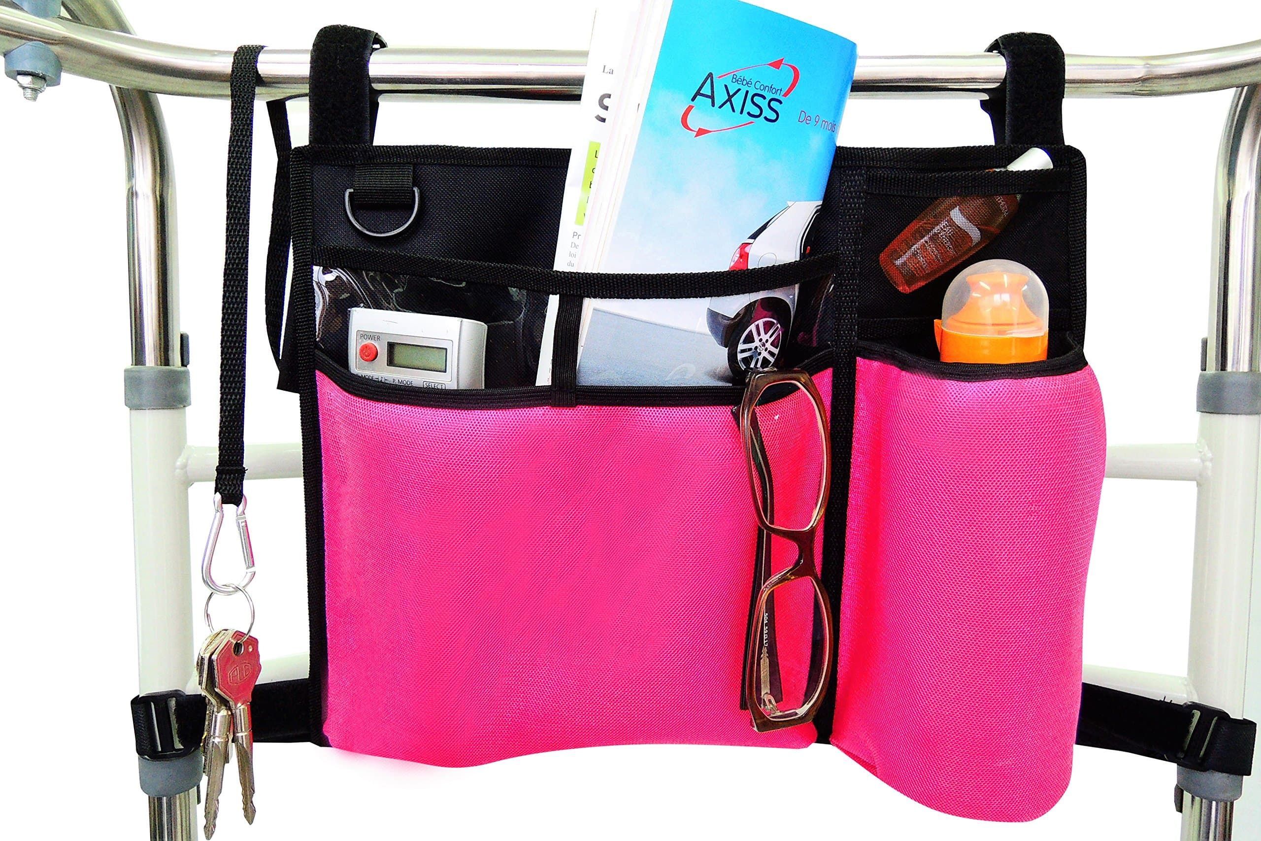 Folding Walker Bag, Wheelchair Side Pouch, Rollator Pouch,Bed Rail Organizer, Insulated Bottle Holder, Zipper Pocket, Key Holder Long Strap, Black/Pink