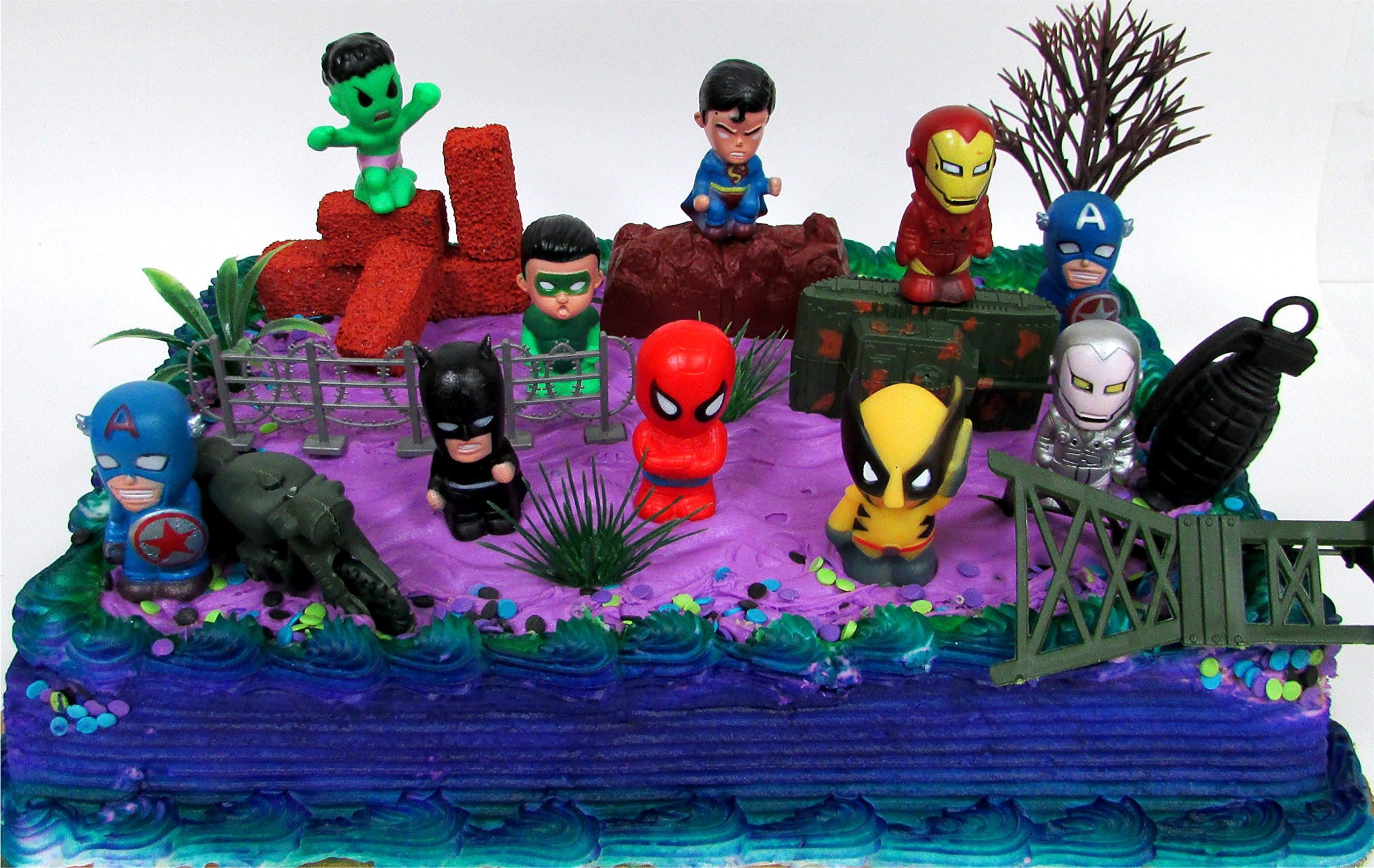 15 Piece SUPER HERO Birthday Cake Topper Set Featuring Comic Book Icon Characters and Decorative Themed Accessories