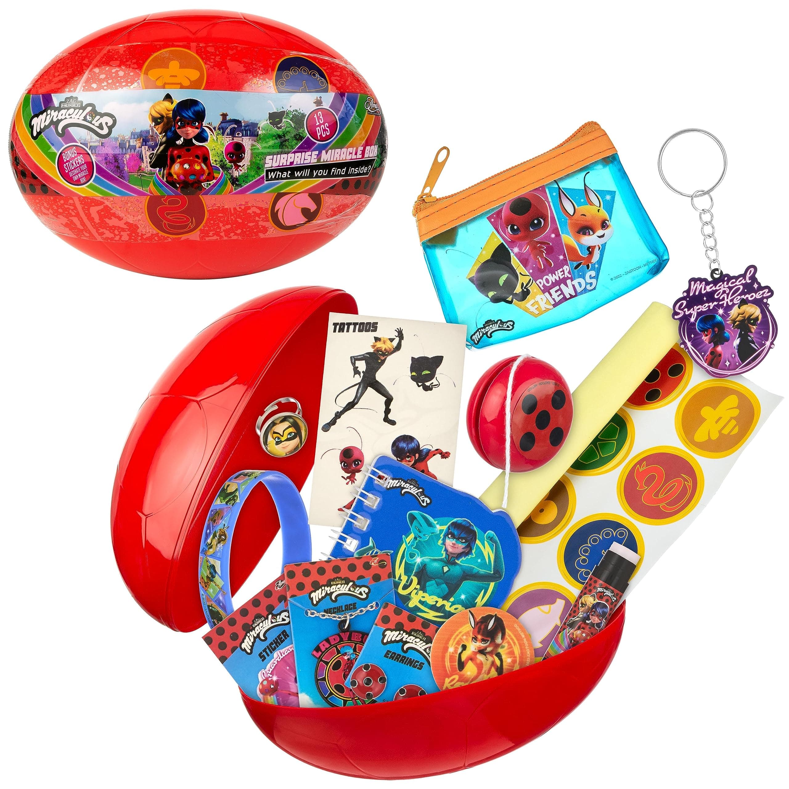 13pc Surprise Miracle Box -Zag Heroez Themed Ladybug And Cat Noir Toys Surprise with Stickers For Kids, Treasure Prizes, Birthday Favors